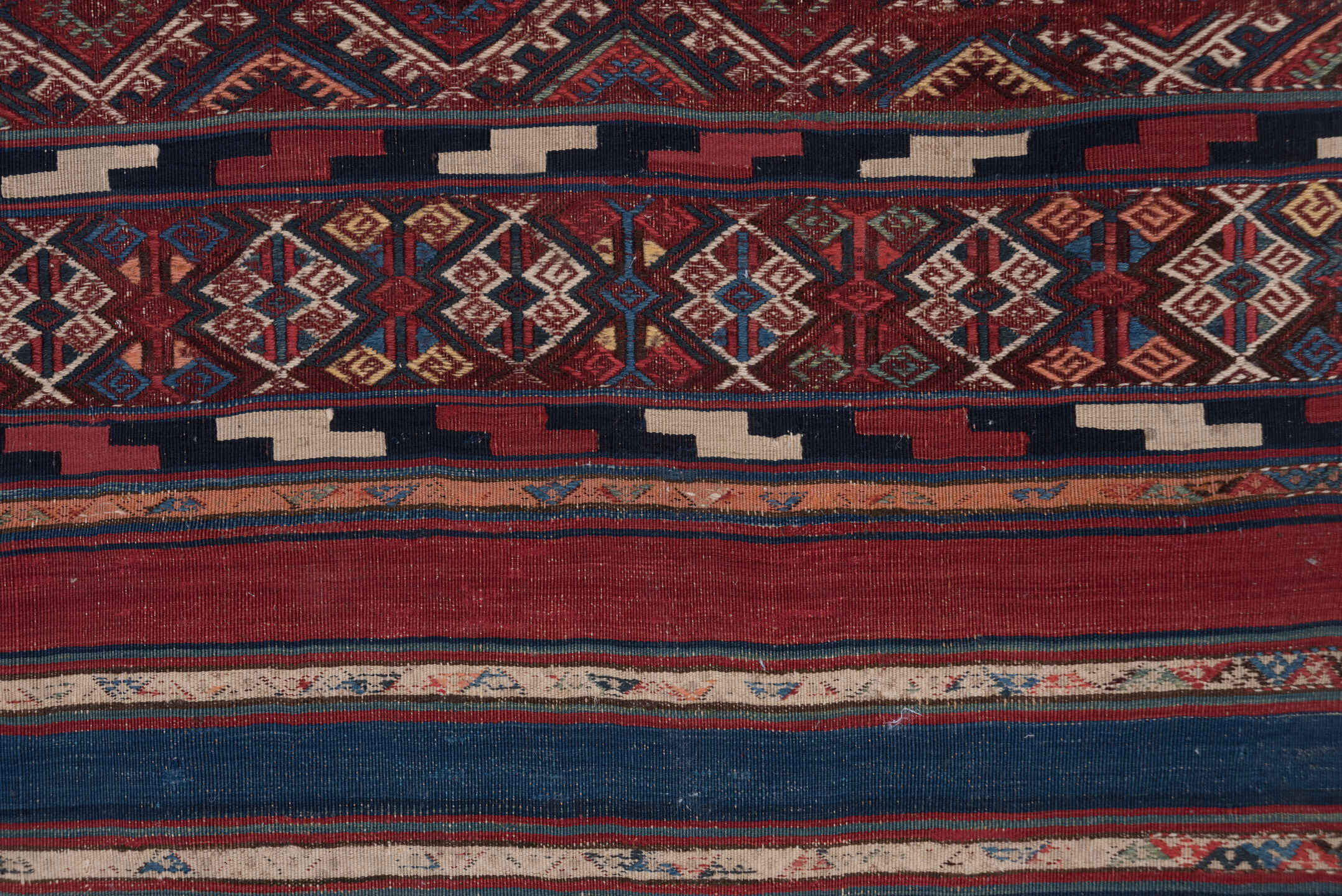 5' x 15' one-of-a-kind handmade vintage Kilim rug. Color palette: arapawa, blue, brown, gray, pink, red, slate gray