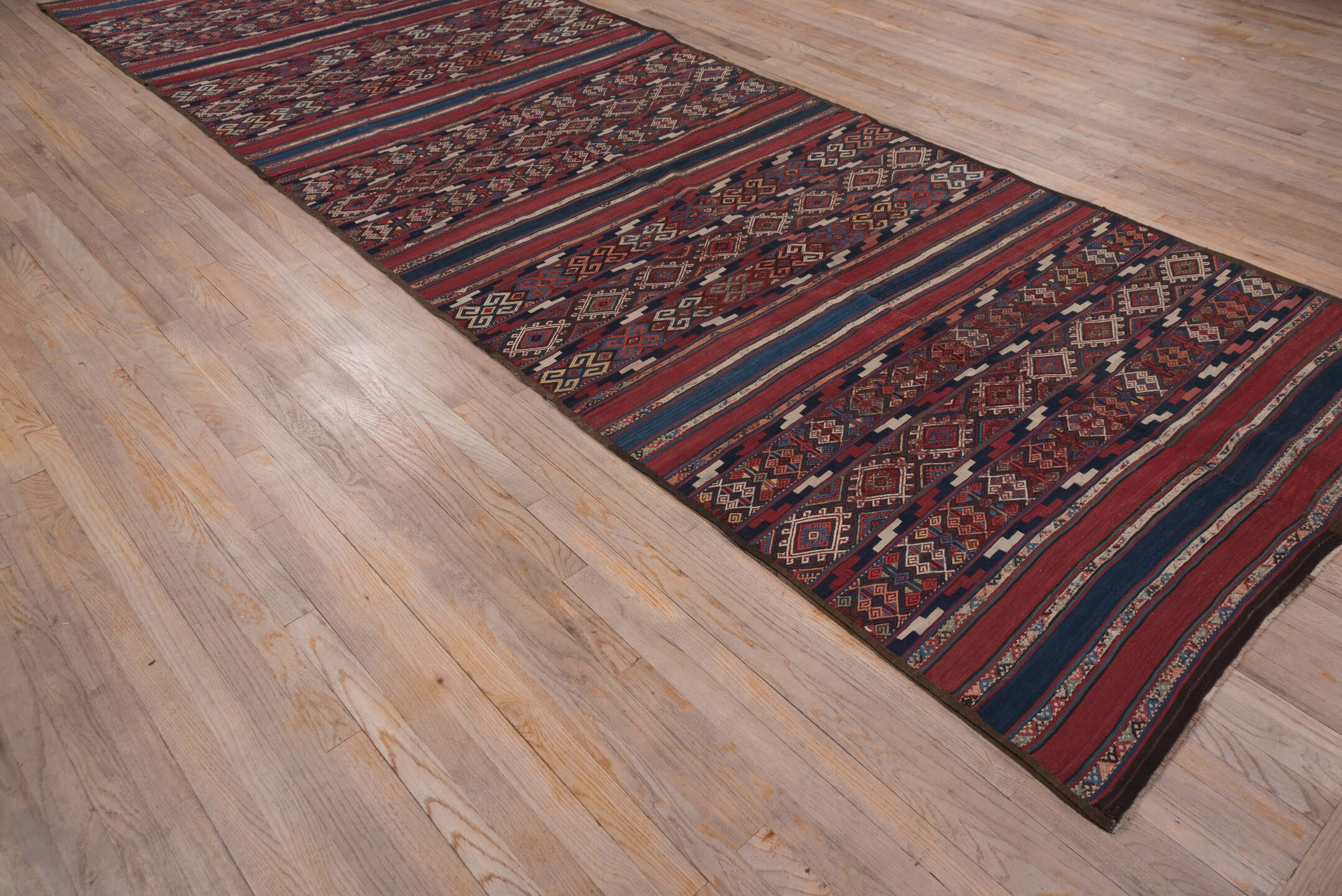 5' x 15' one-of-a-kind handmade vintage Kilim rug. Color palette: arapawa, blue, brown, gray, pink, red, slate gray