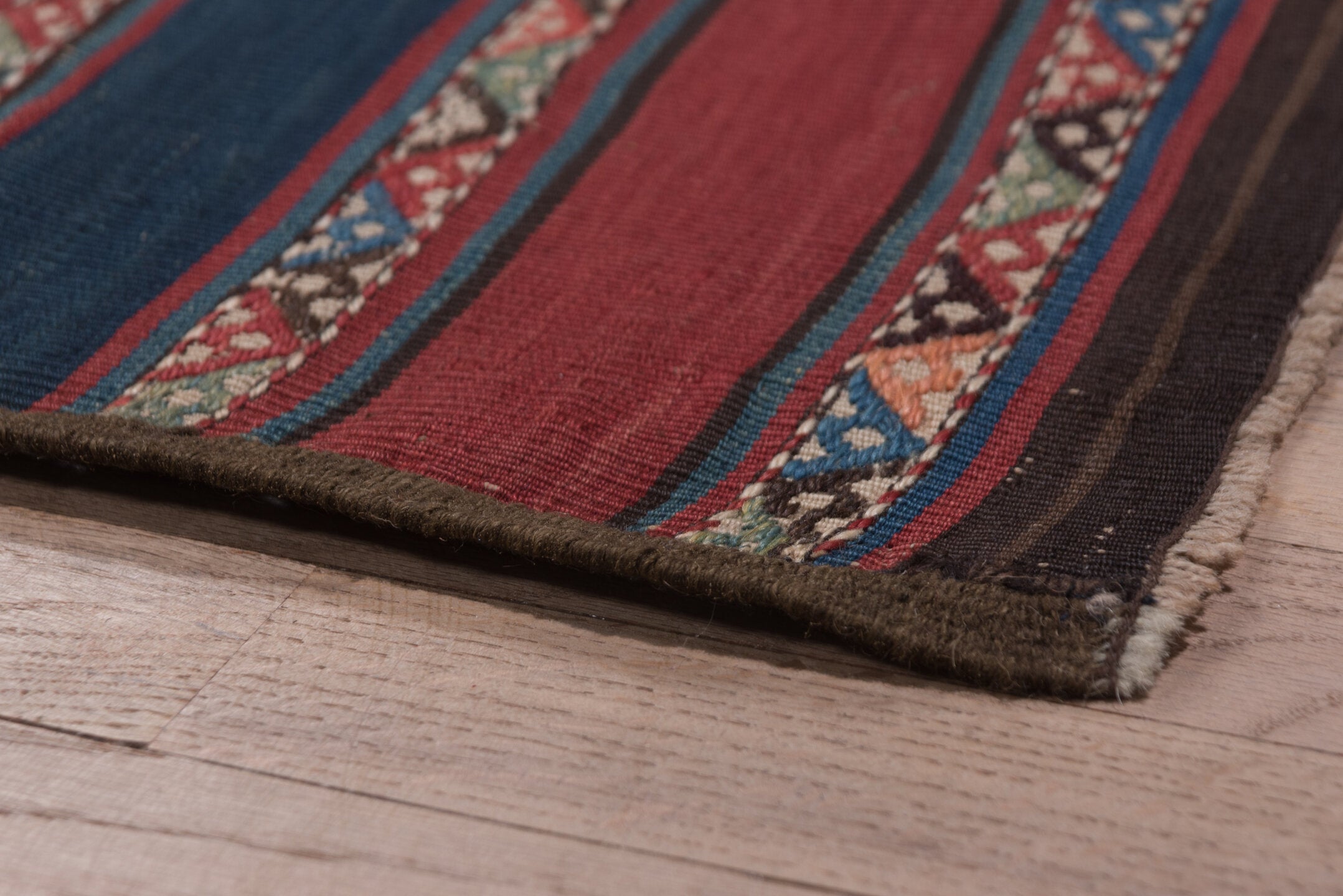 5' x 15' one-of-a-kind handmade vintage Kilim rug. Color palette: arapawa, blue, brown, gray, pink, red, slate gray