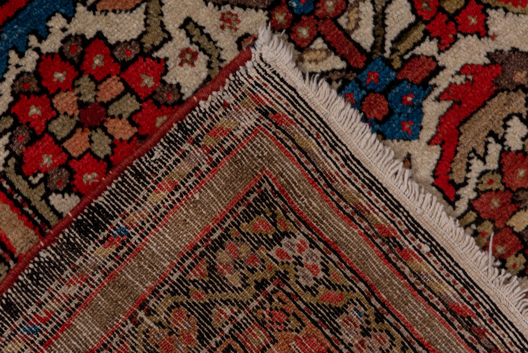 5' x 7' one-of-a-kind handmade antique Malayer rug. Color palette: ivory, rust, indigo, rose, taupe, charcoal, coral