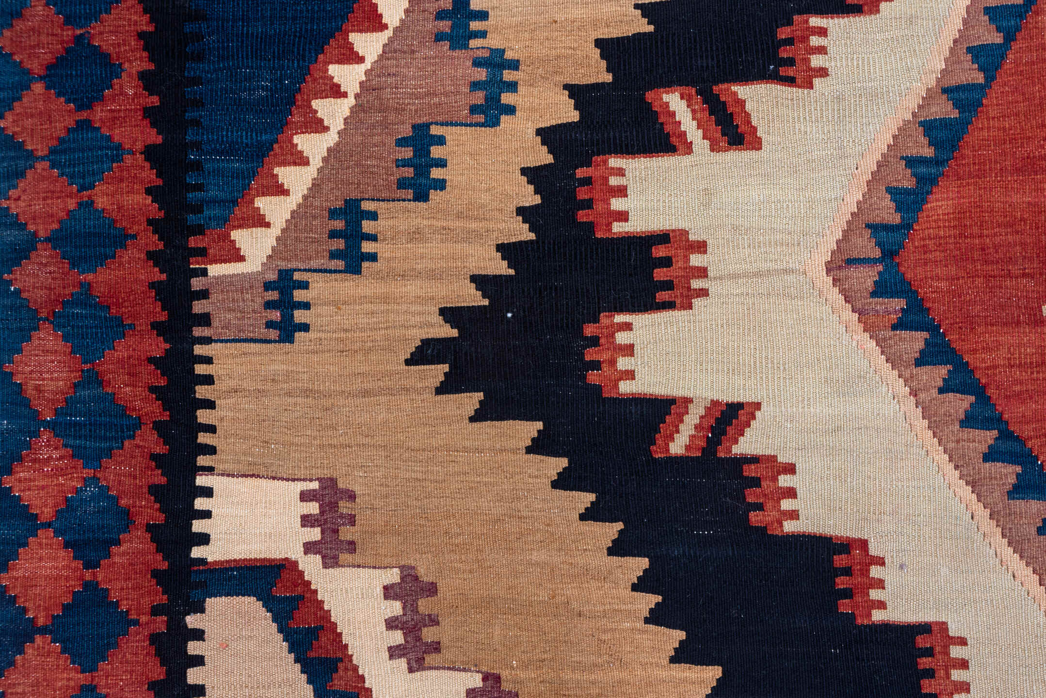 6' x 15' one-of-a-kind handmade antique Kilim rug. Color palette: ivory, navy, terracotta, taupe, rust, brown, blue, beige