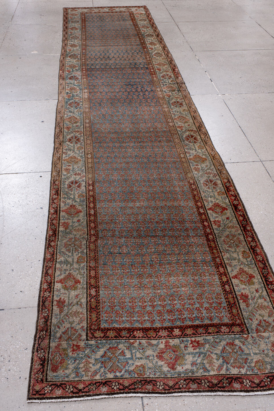 3' x 16' one-of-a-kind handmade vintage Bidjar runner rug. Color palette: black, blue, brown, dim gray, gray, honeydew