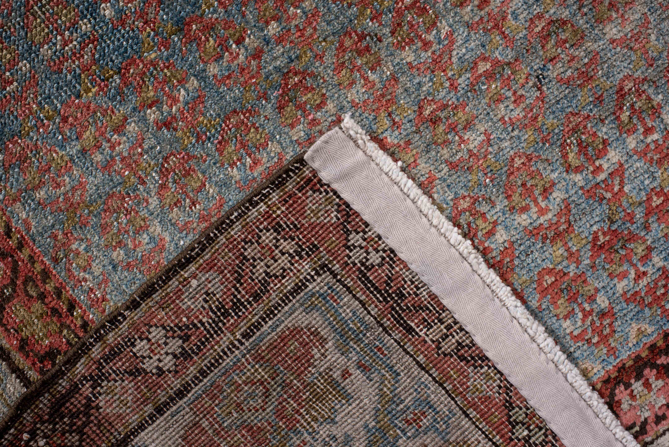 3' x 16' one-of-a-kind handmade antique Bidjar runner rug. Color palette: blue, ivory, rust, terracotta, taupe, slate, brown