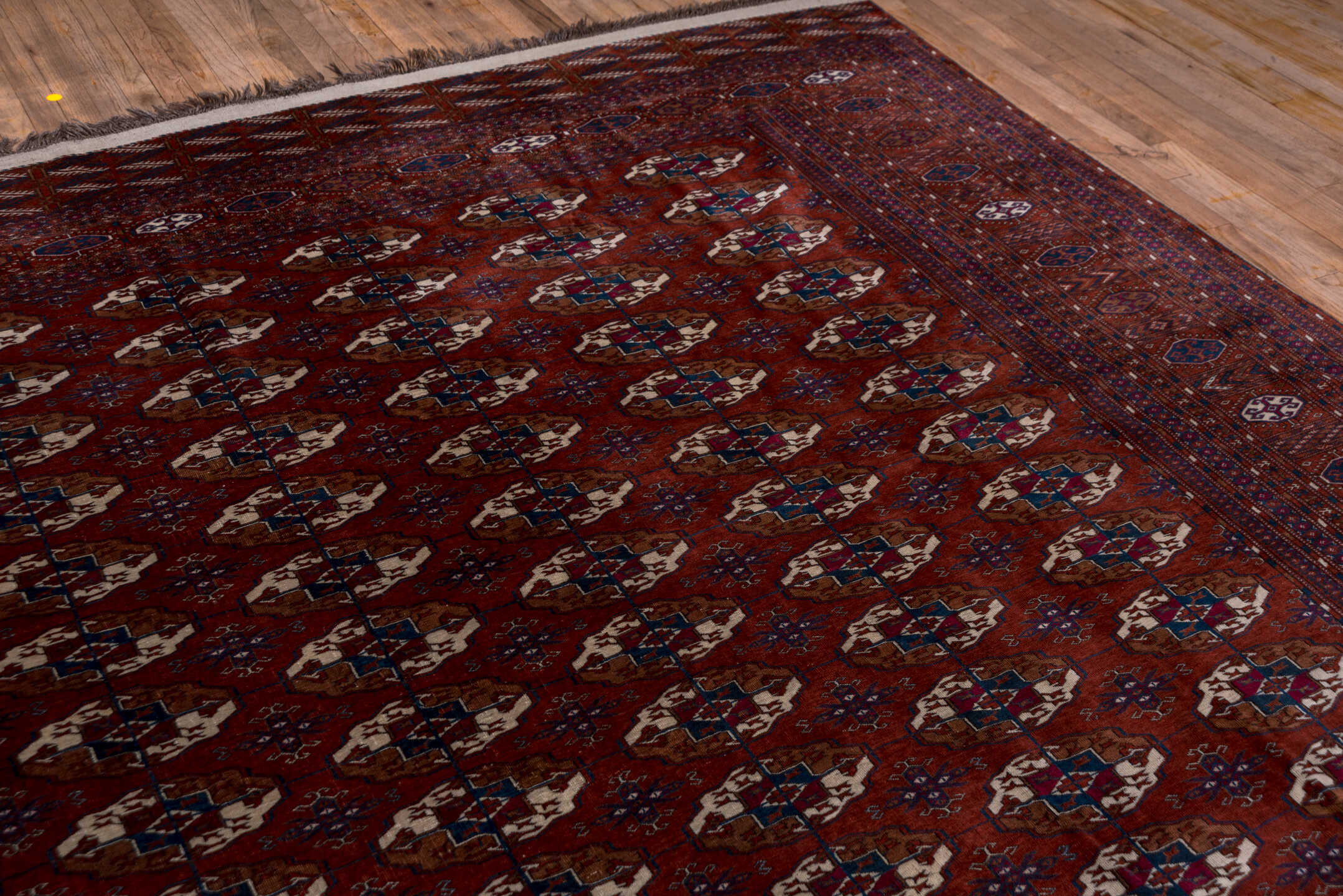 10' x 13' one-of-a-kind handmade vintage Torkaman large size rug. Color palette: brown, gray, light gray, off-white, orange
