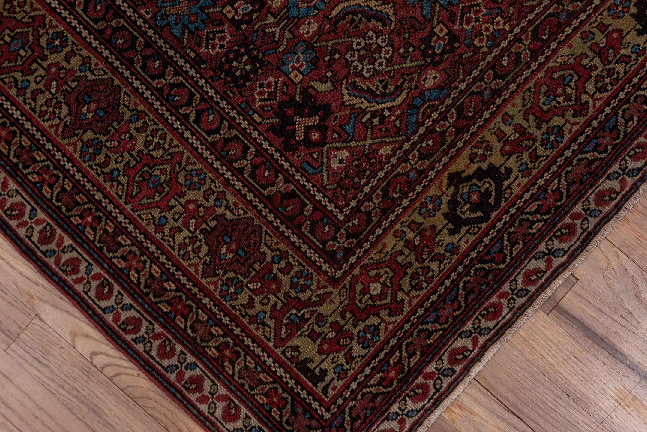 5' x 9' one-of-a-kind handmade vintage Malayer medium size rug. Color palette: black, blue, brown, gray, red, redwood
