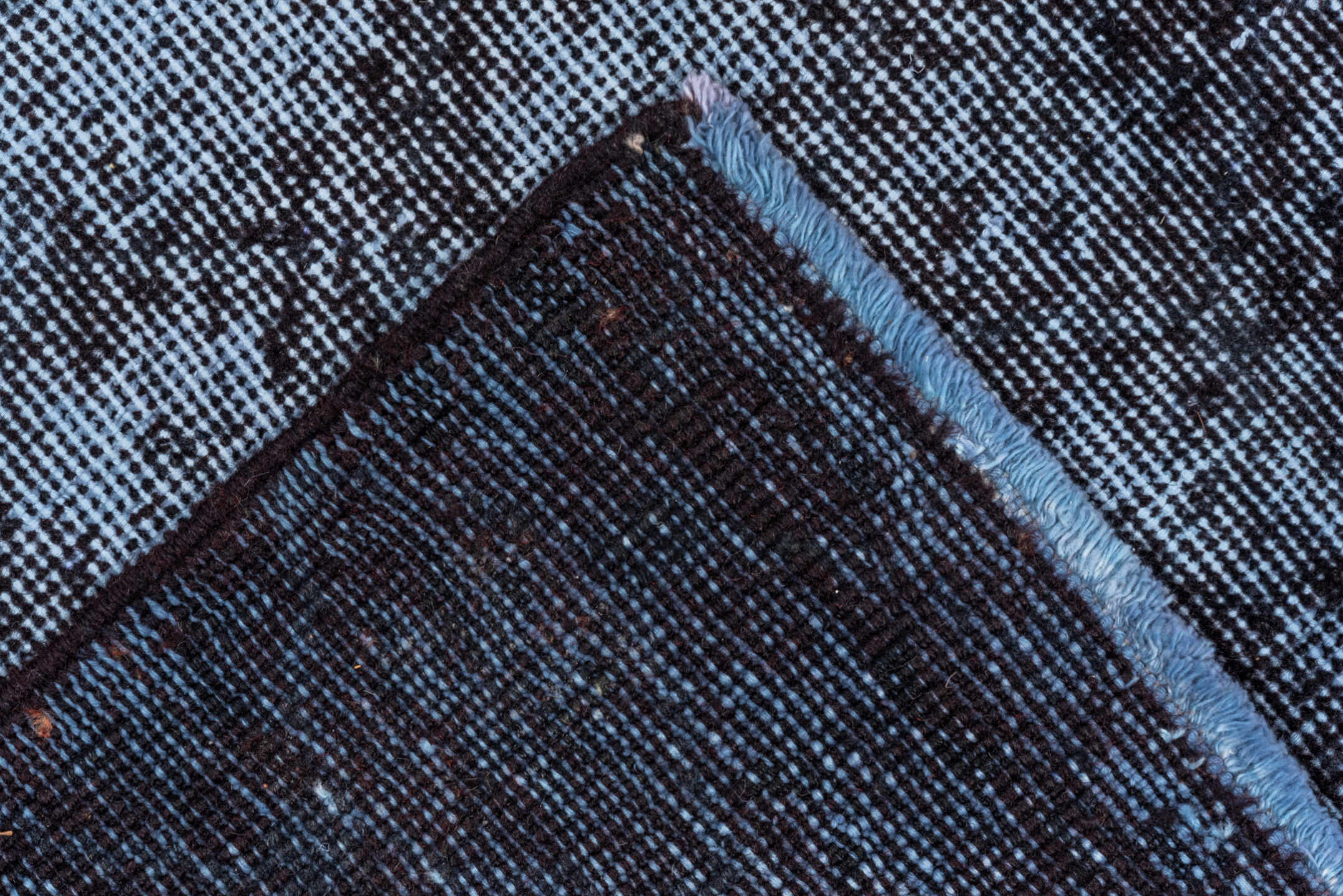 7' x 10' one-of-a-kind handmade vintage Overdyed large size rug. Color palette: blue, dim gray, fiord, gray, light blue