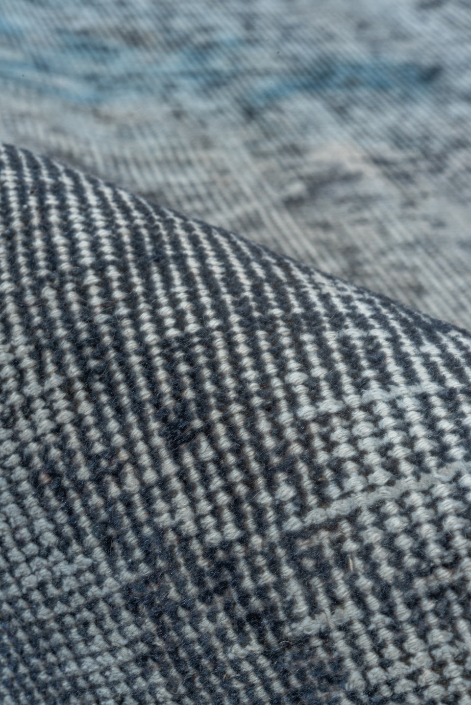 7' x 10' one-of-a-kind handmade vintage Overdyed large size rug. Color palette: blue, dark gray, dim gray, gray, light blue