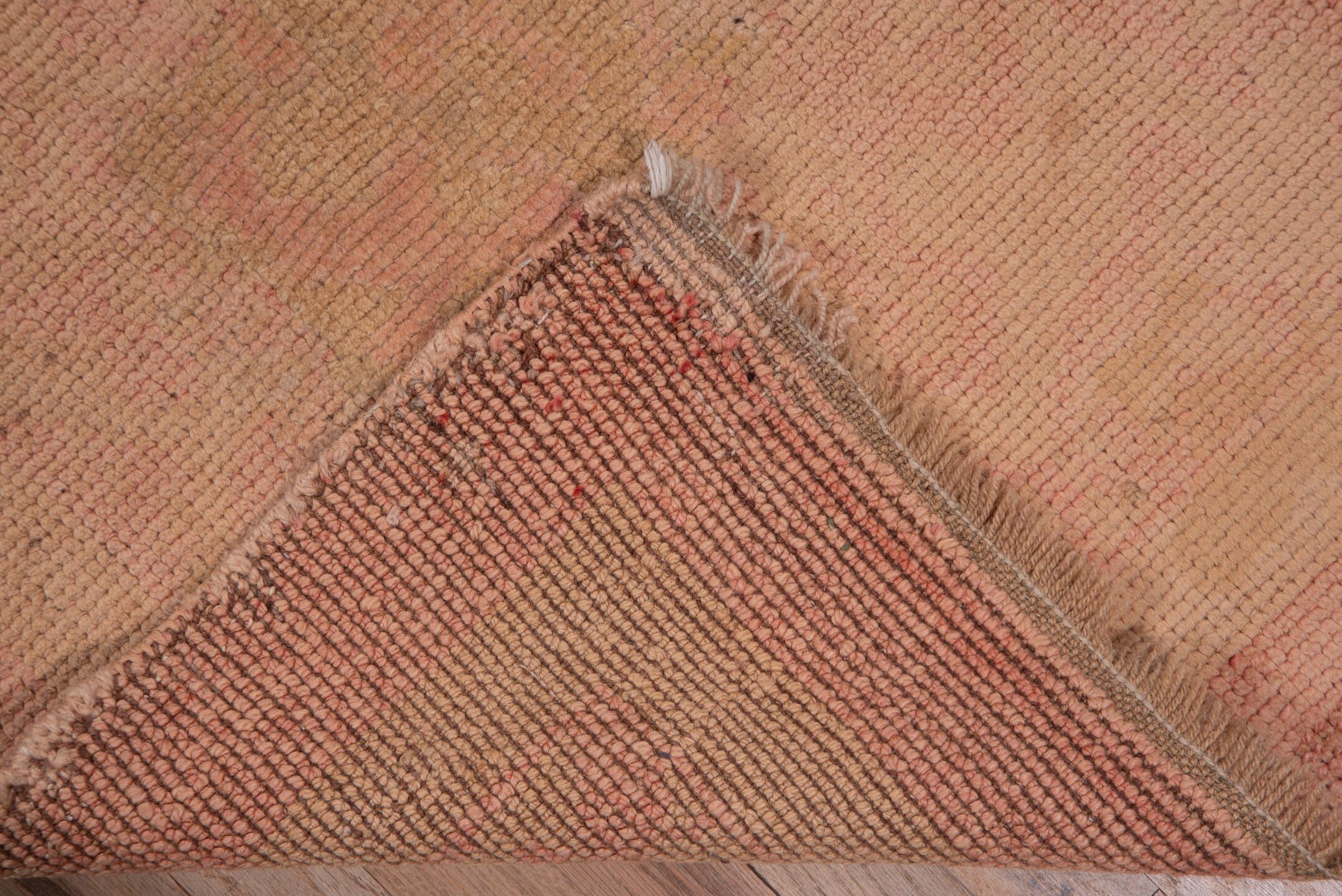 3' x 11' one-of-a-kind handmade antique Oushak runner rug. Color palette: blush, rose, peach, taupe, camel, pink, red
