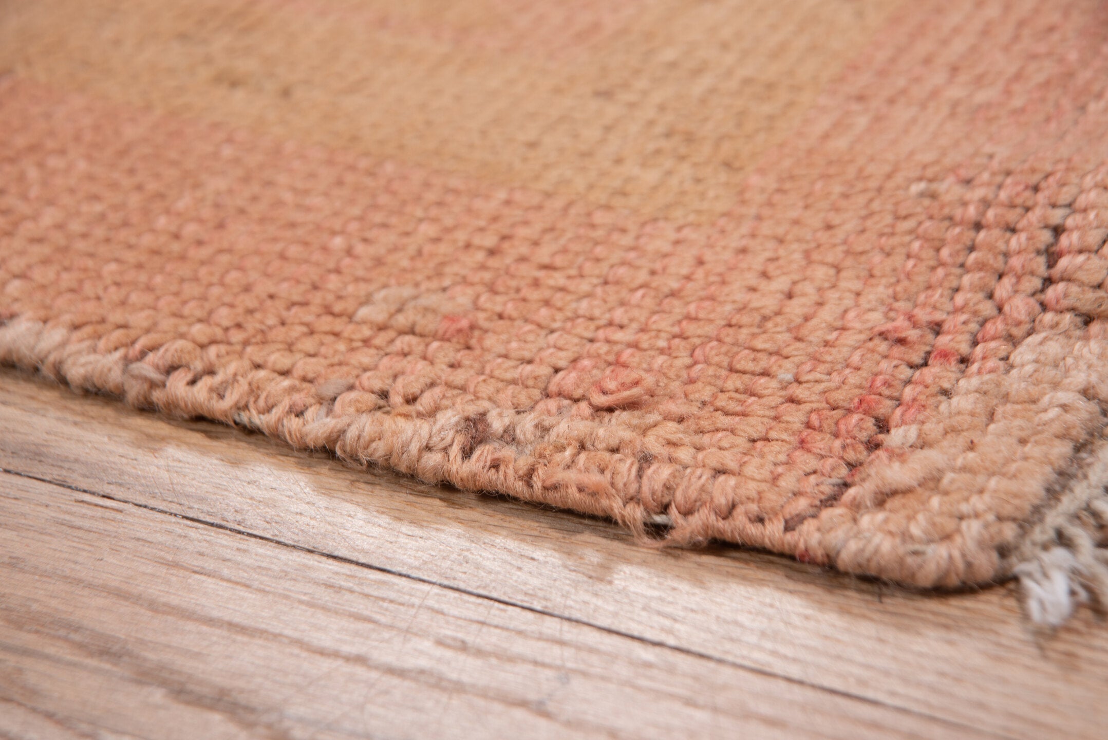 3' x 11' one-of-a-kind handmade antique Oushak runner rug. Color palette: blush, rose, peach, taupe, camel, pink, red