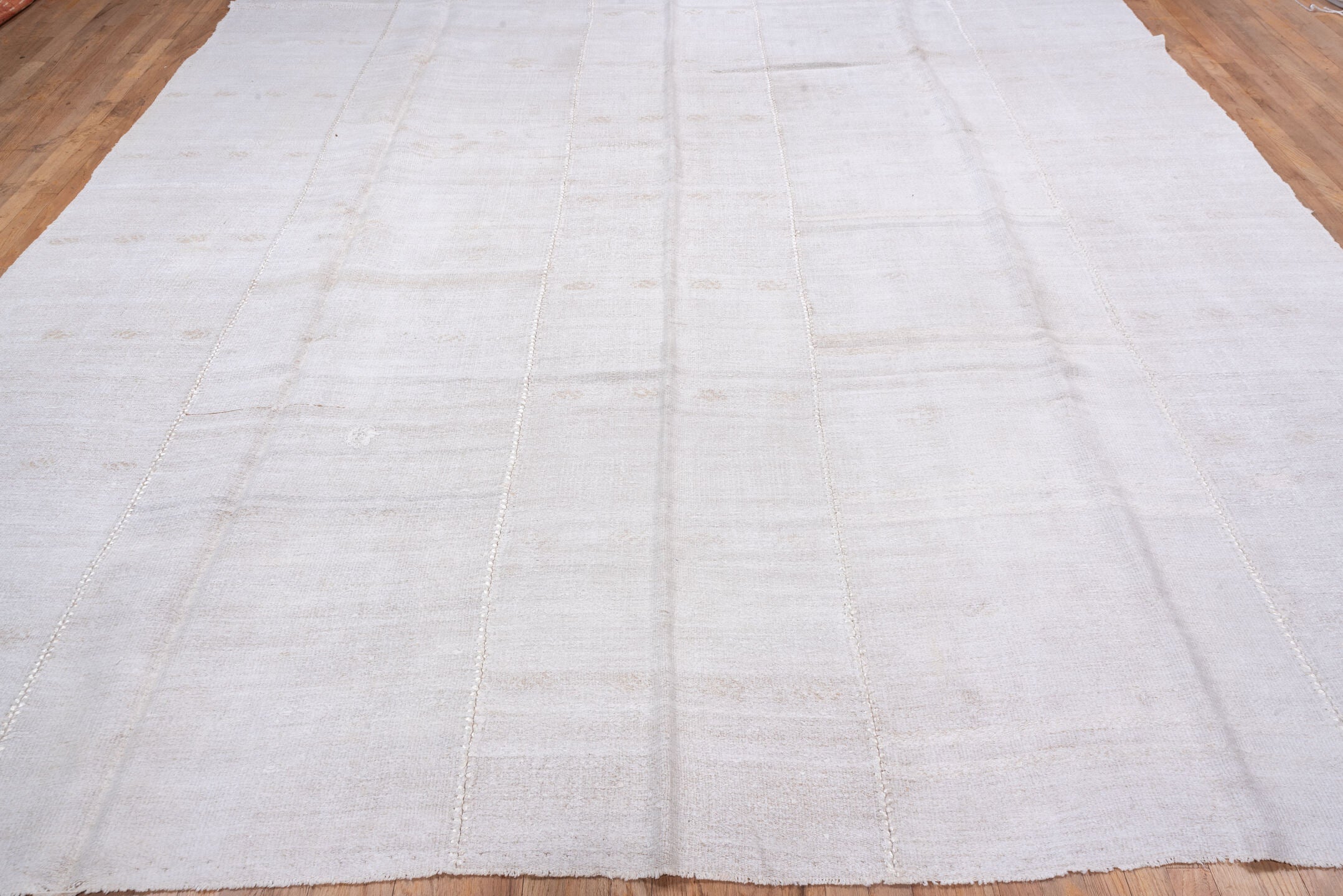 10' x 13' one-of-a-kind handmade vintage Hemp Kilim large size rug. Color palette: ivory, cream, beige, taupe, gray