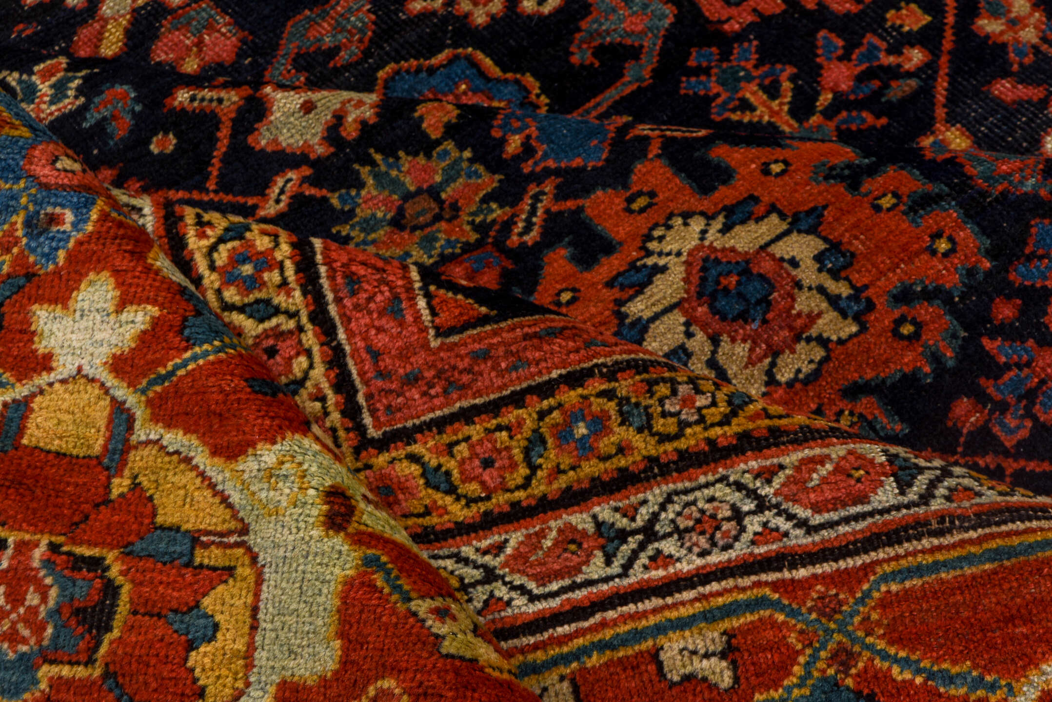 14' x 19' one-of-a-kind handmade antique Sultanabad oversize rug. Color palette: navy, rust, ivory, sky blue, terra cotta