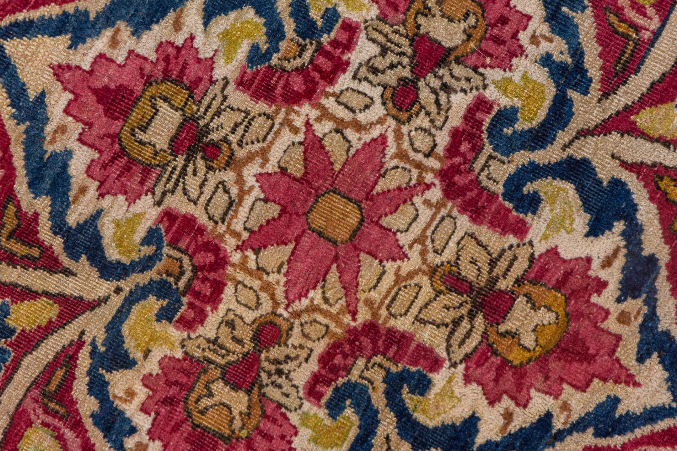 20' x 25' one-of-a-kind handmade antique Lavar oversize rug. Color palette: beige, rose, rust, soft blue, ivory, burgundy