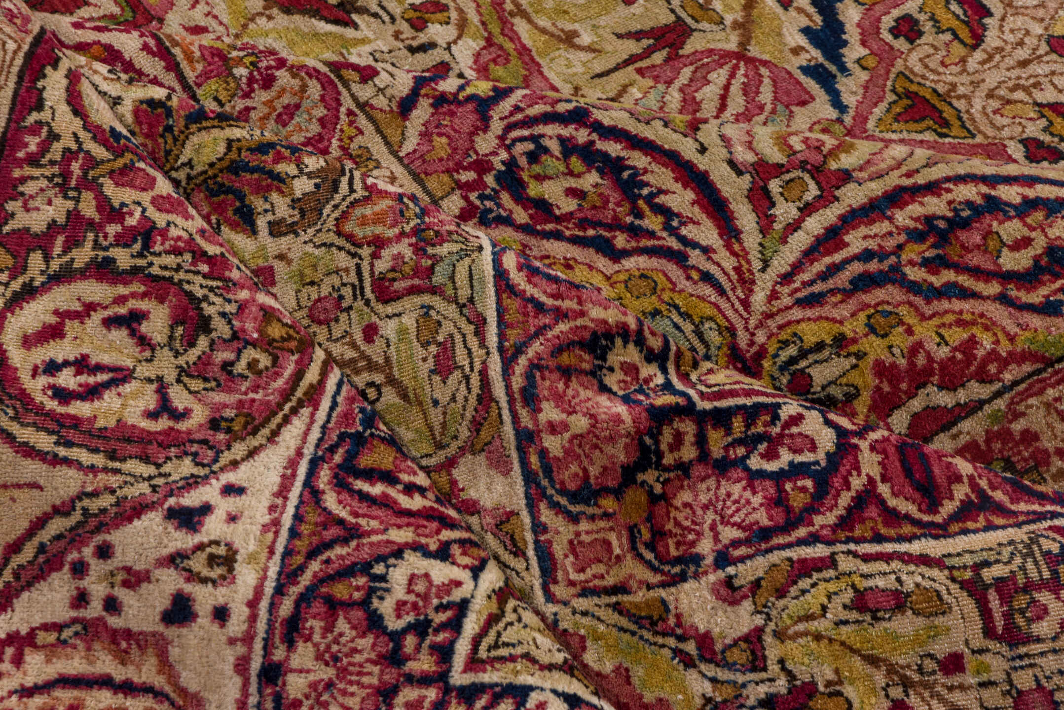 20' x 25' one-of-a-kind handmade antique Lavar oversize rug. Color palette: beige, rose, rust, soft blue, ivory, burgundy