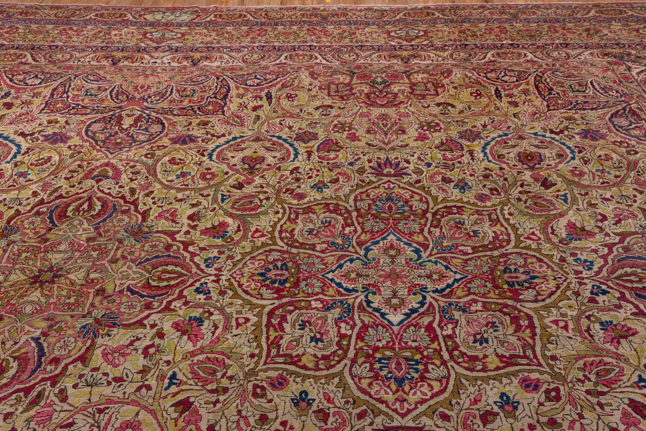 20' x 25' one-of-a-kind handmade antique Lavar oversize rug. Color palette: beige, rose, rust, soft blue, ivory, burgundy