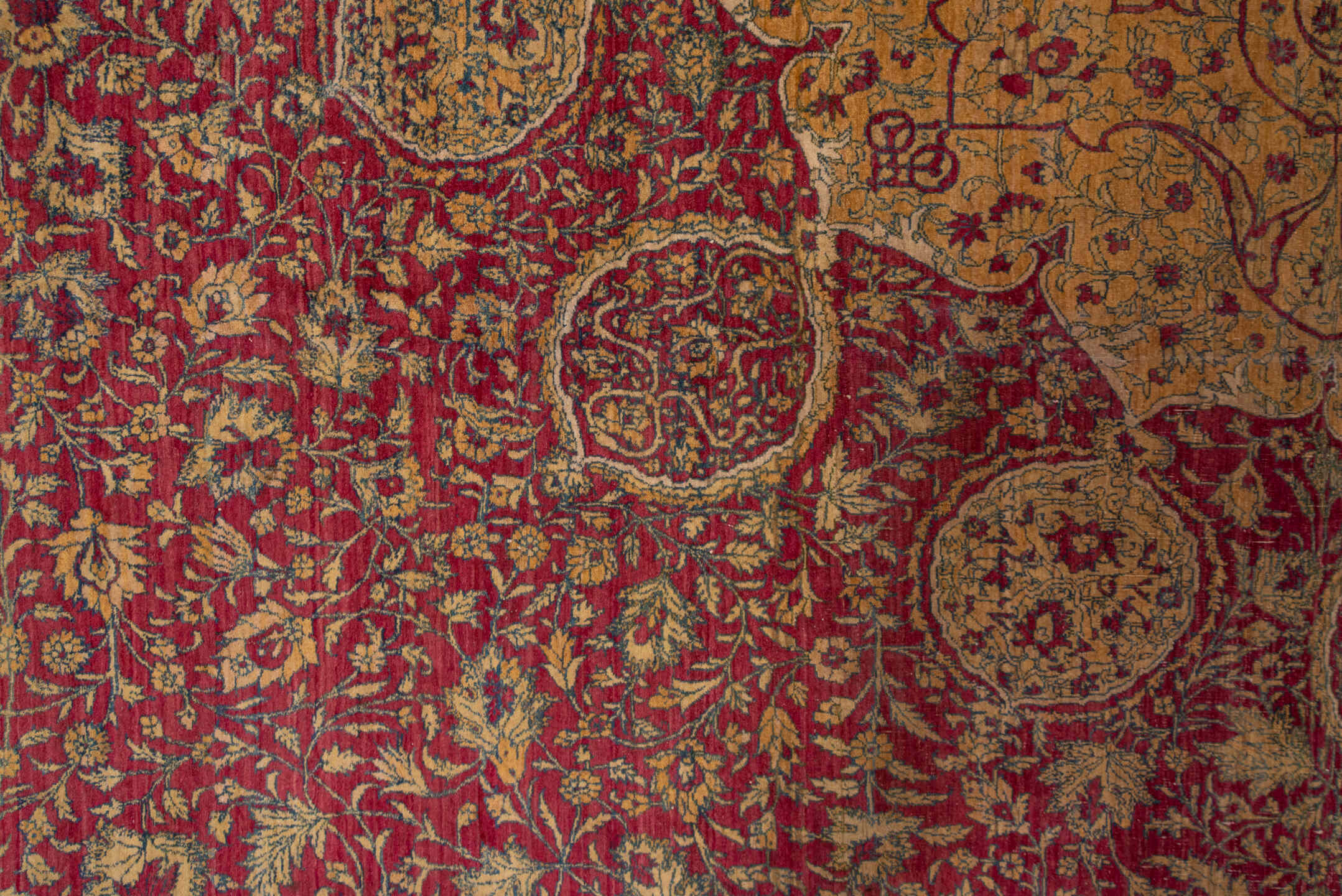 17' x 32' one-of-a-kind handmade antique Agra oversize rug. Color palette: crimson, ivory, gold, slate, rose, burgundy, red