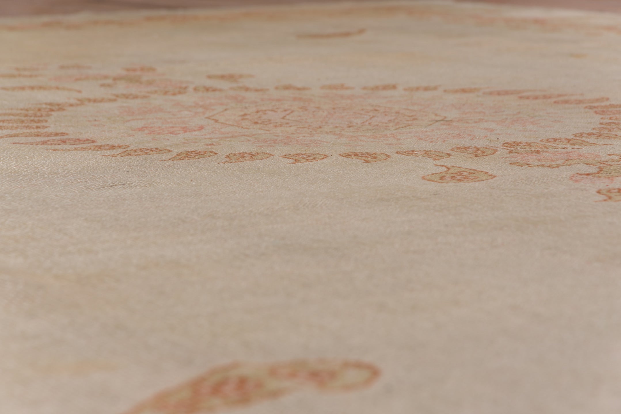9' x 12' one-of-a-kind handmade antique Oushak large size rug. Color palette: ivory, beige, blush, apricot, gold, taupe