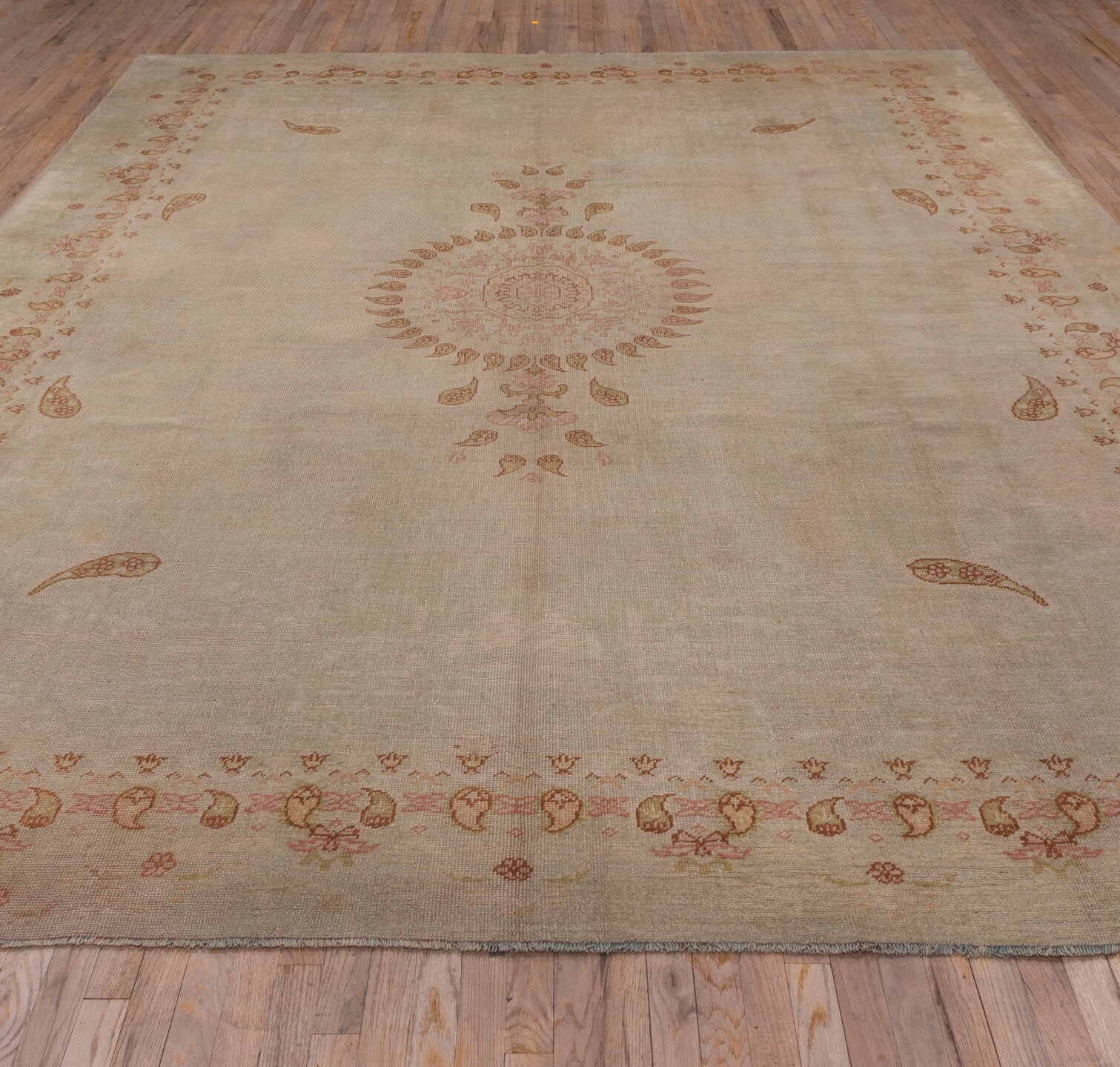 9' x 12' one-of-a-kind handmade antique Oushak large size rug. Color palette: ivory, beige, blush, apricot, gold, taupe
