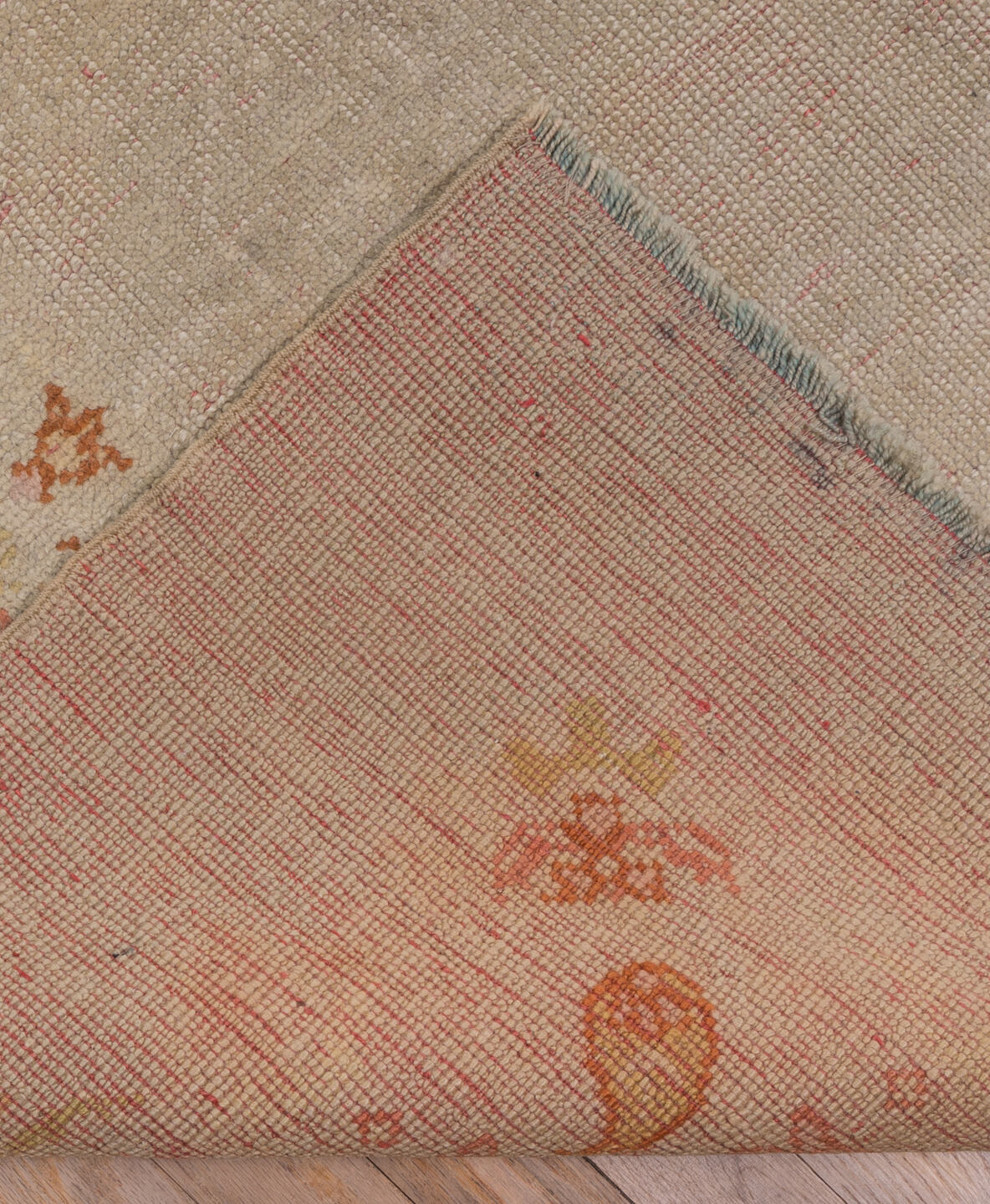 9' x 12' one-of-a-kind handmade antique Oushak large size rug. Color palette: ivory, beige, blush, apricot, gold, taupe