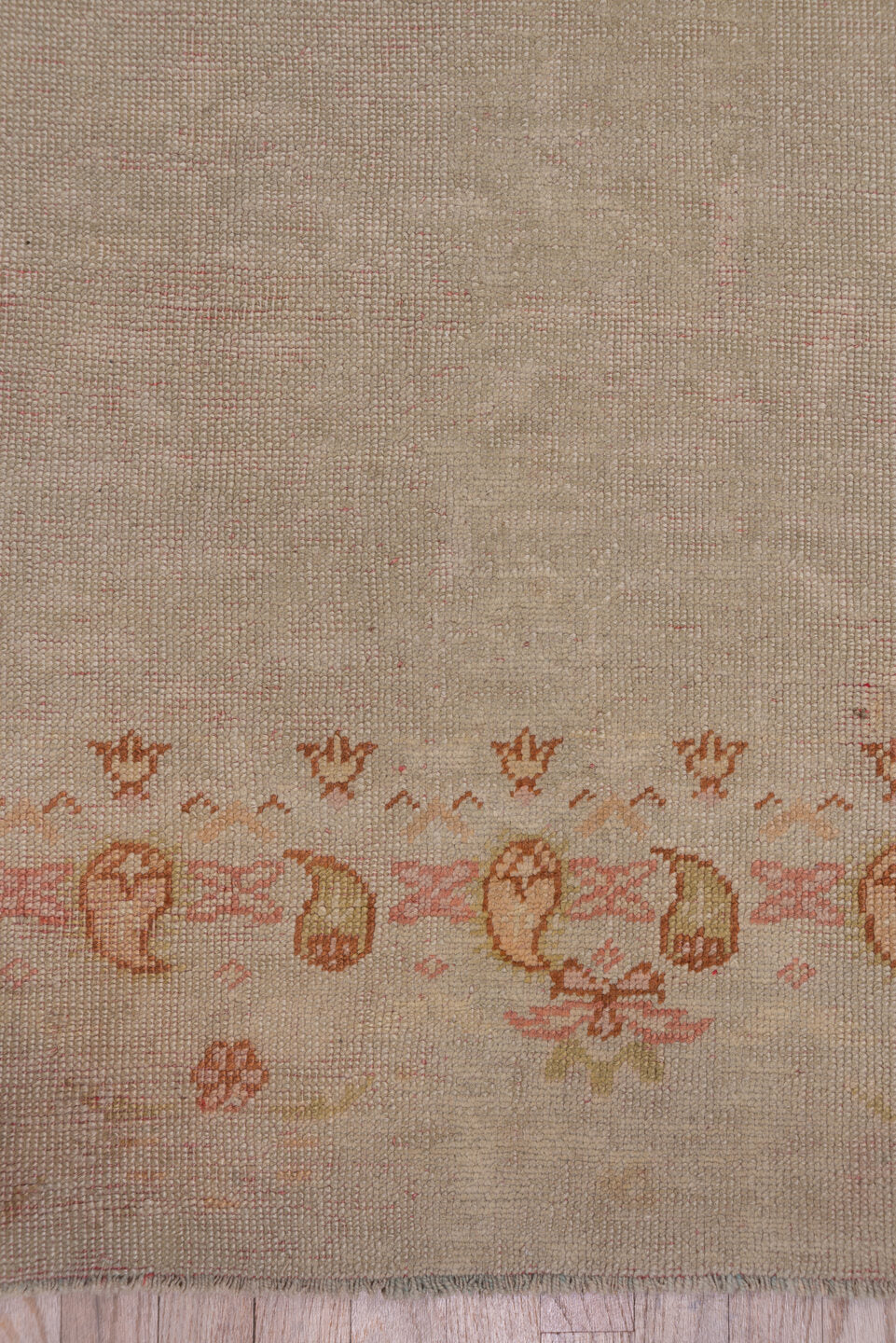 9' x 12' one-of-a-kind handmade antique Oushak large size rug. Color palette: ivory, beige, blush, apricot, gold, taupe