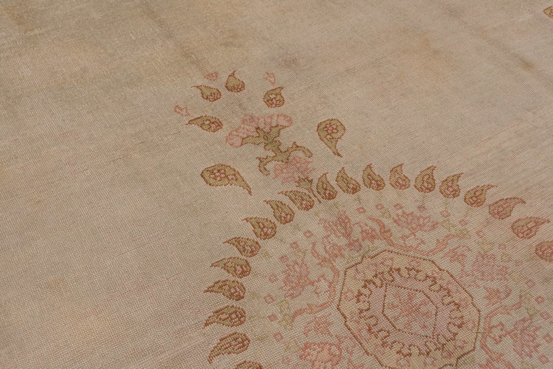 9' x 12' one-of-a-kind handmade antique Oushak large size rug. Color palette: ivory, beige, blush, apricot, gold, taupe