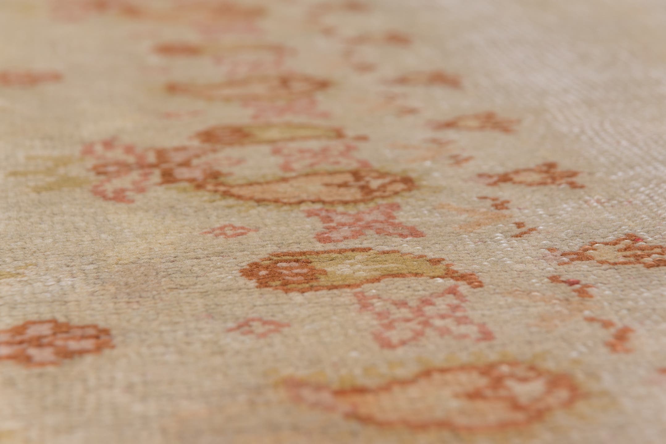9' x 12' one-of-a-kind handmade antique Oushak large size rug. Color palette: ivory, beige, blush, apricot, gold, taupe