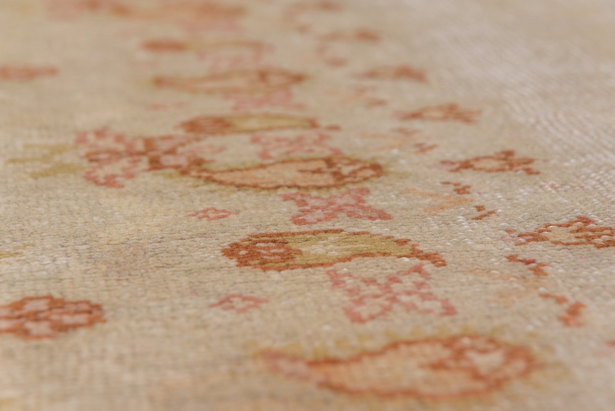 9' x 12' one-of-a-kind handmade antique Oushak large size rug. Color palette: ivory, beige, blush, apricot, gold, taupe