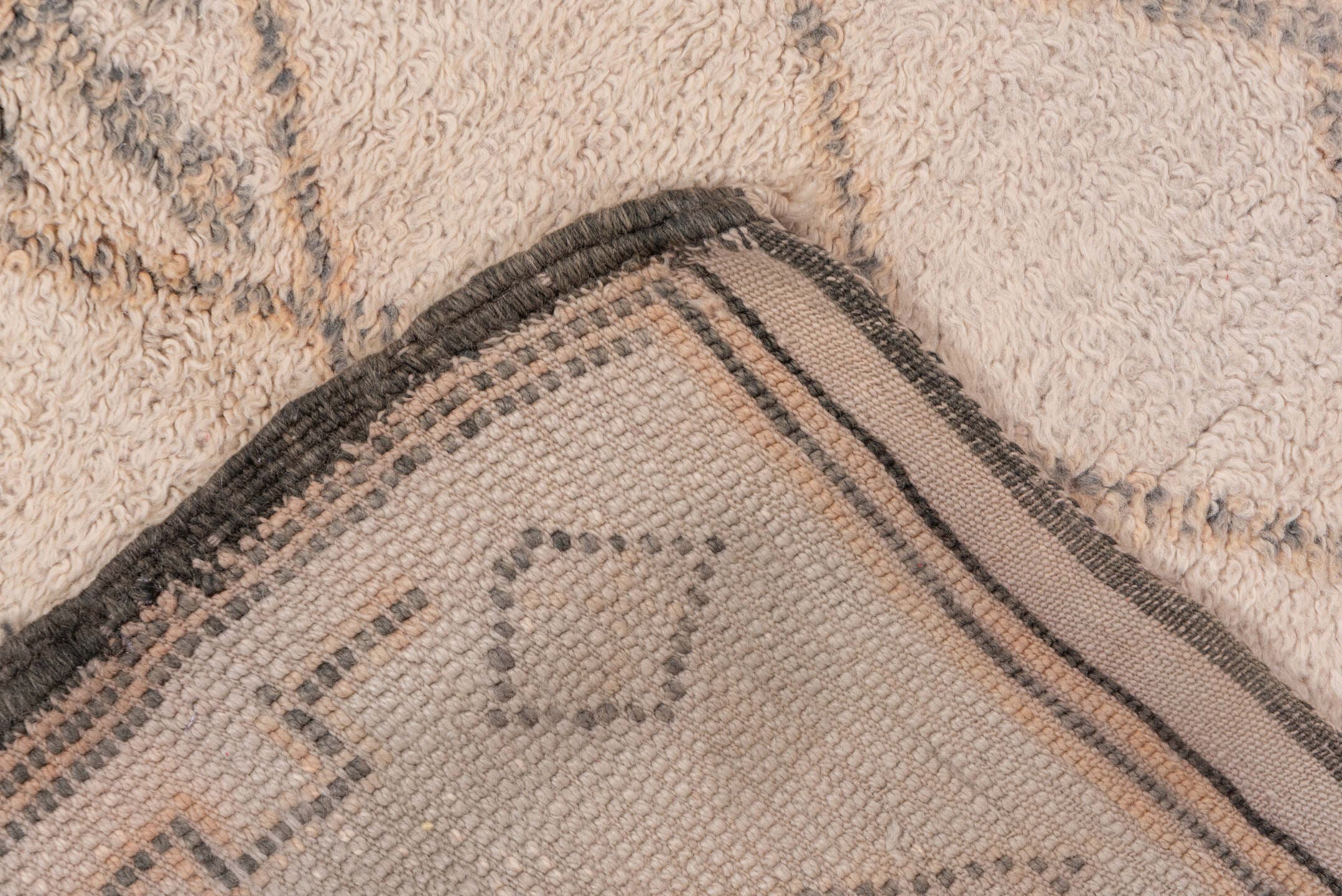 6' x 11' one-of-a-kind handmade vintage Moroccan large size rug. Color palette: ivory, charcoal, taupe, camel, gray, black