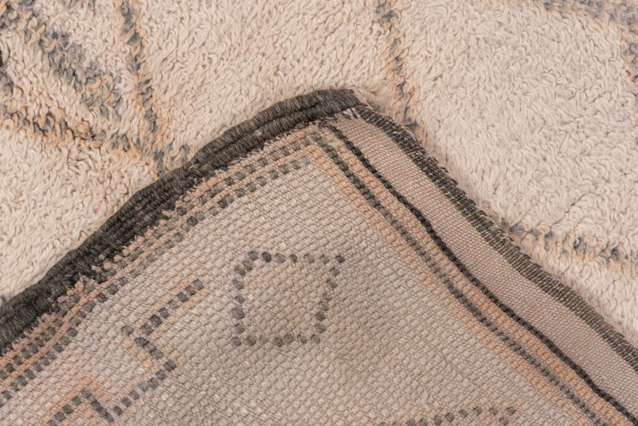 6' x 11' one-of-a-kind handmade vintage Moroccan large size rug. Color palette: ivory, charcoal, taupe, camel, gray, black