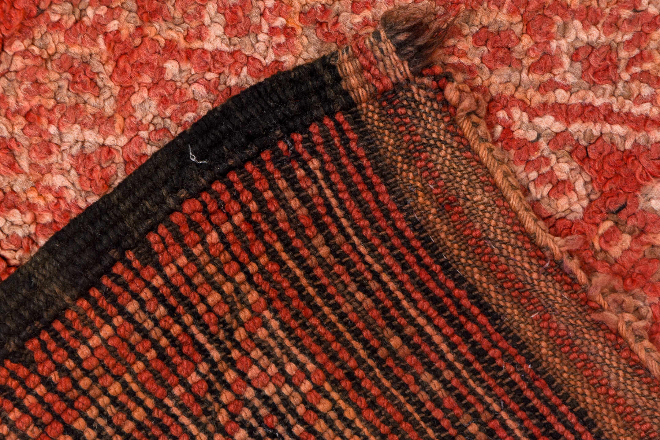 6' x 10' one-of-a-kind handmade vintage Moroccan large size rug. Color palette: brown, pink, red