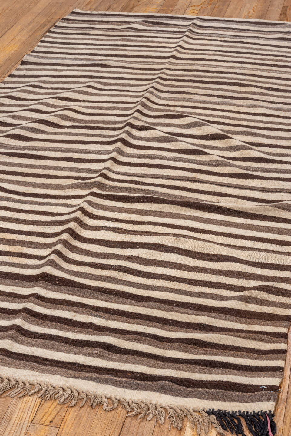 3' x 6' one-of-a-kind handmade vintage Blanket small size rug. Color palette: ivory, brown, taupe, charcoal, beige, gray