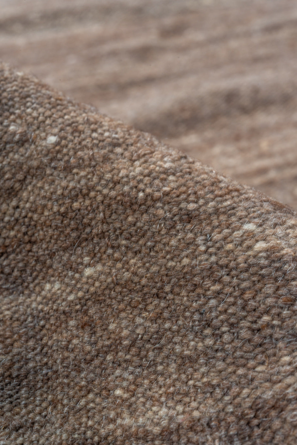 4' x 9' one-of-a-kind handmade vintage Blanket runner rug. Color palette: brown, gray, light gray, off-white, pink, snow