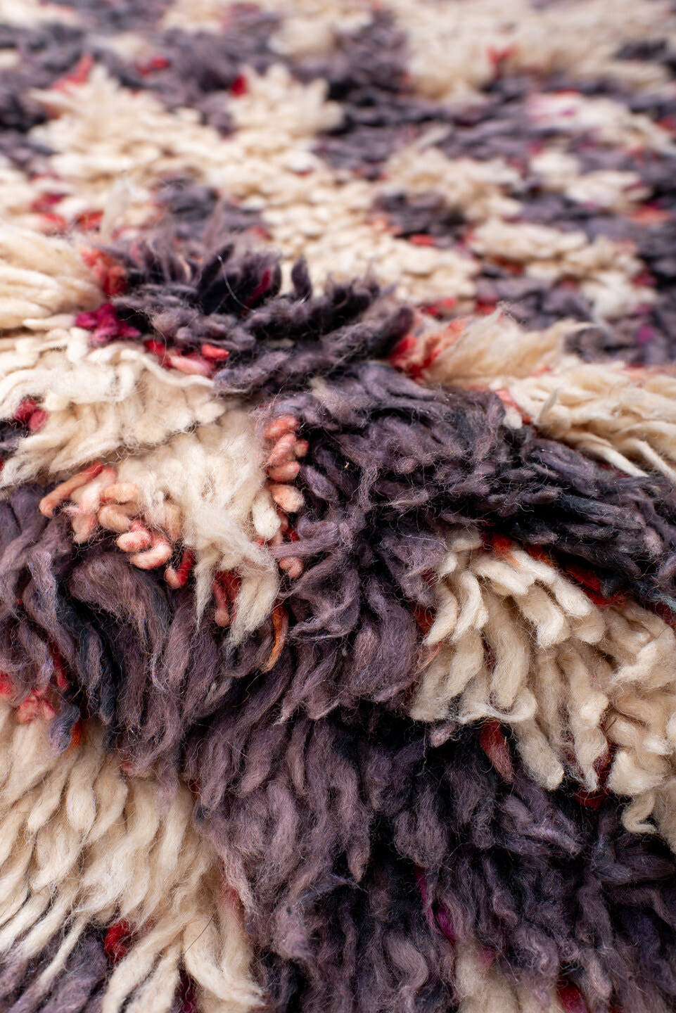 3' x 5' one-of-a-kind handmade vintage Moroccan small size rug. Color palette: ivory, plum, charcoal, crimson, rose, pink