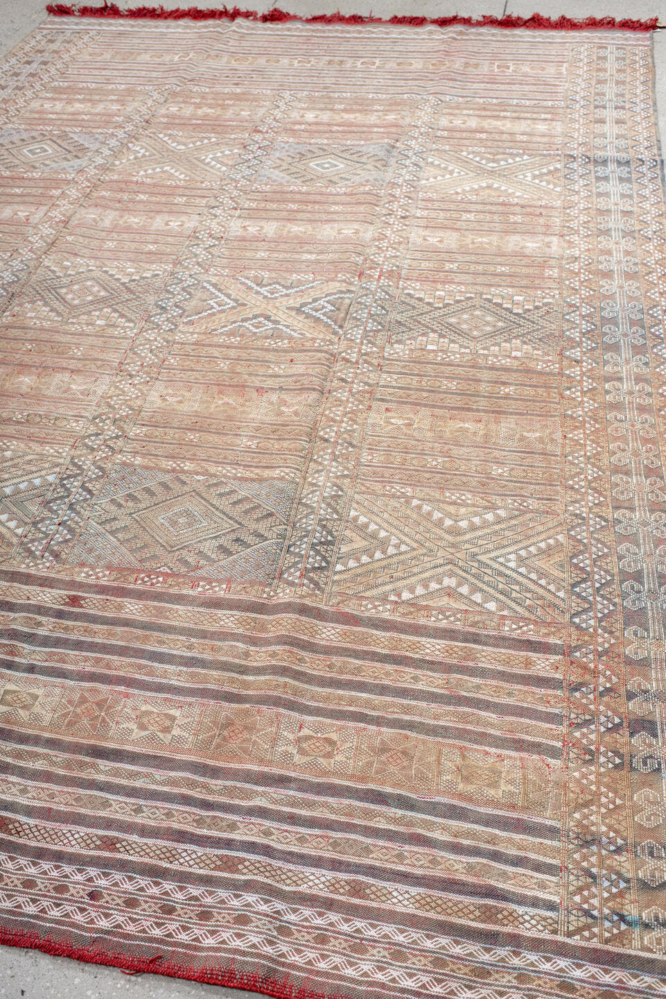 7' x 11' one-of-a-kind handmade vintage Kilim large size rug. Color palette: rose, ivory, taupe, dusty blue, rust, beige