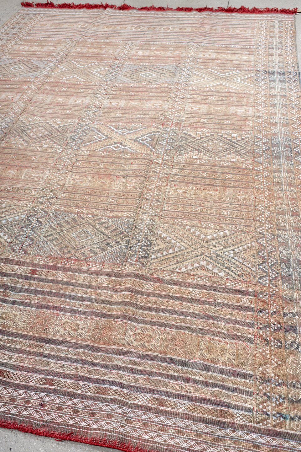7' x 11' one-of-a-kind handmade vintage Kilim large size rug. Color palette: rose, ivory, taupe, dusty blue, rust, beige