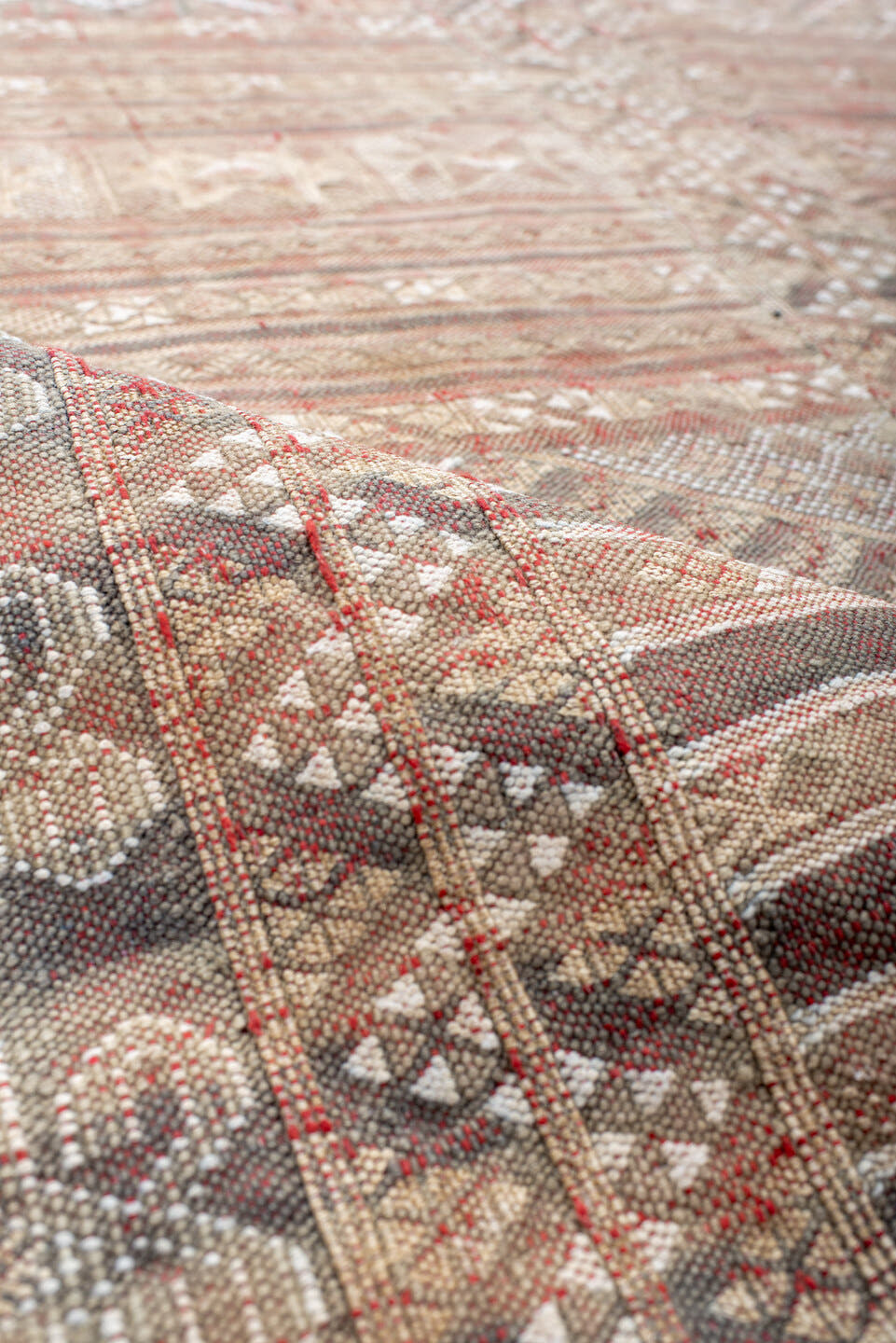 7' x 11' one-of-a-kind handmade vintage Kilim large size rug. Color palette: rose, ivory, taupe, dusty blue, rust, beige