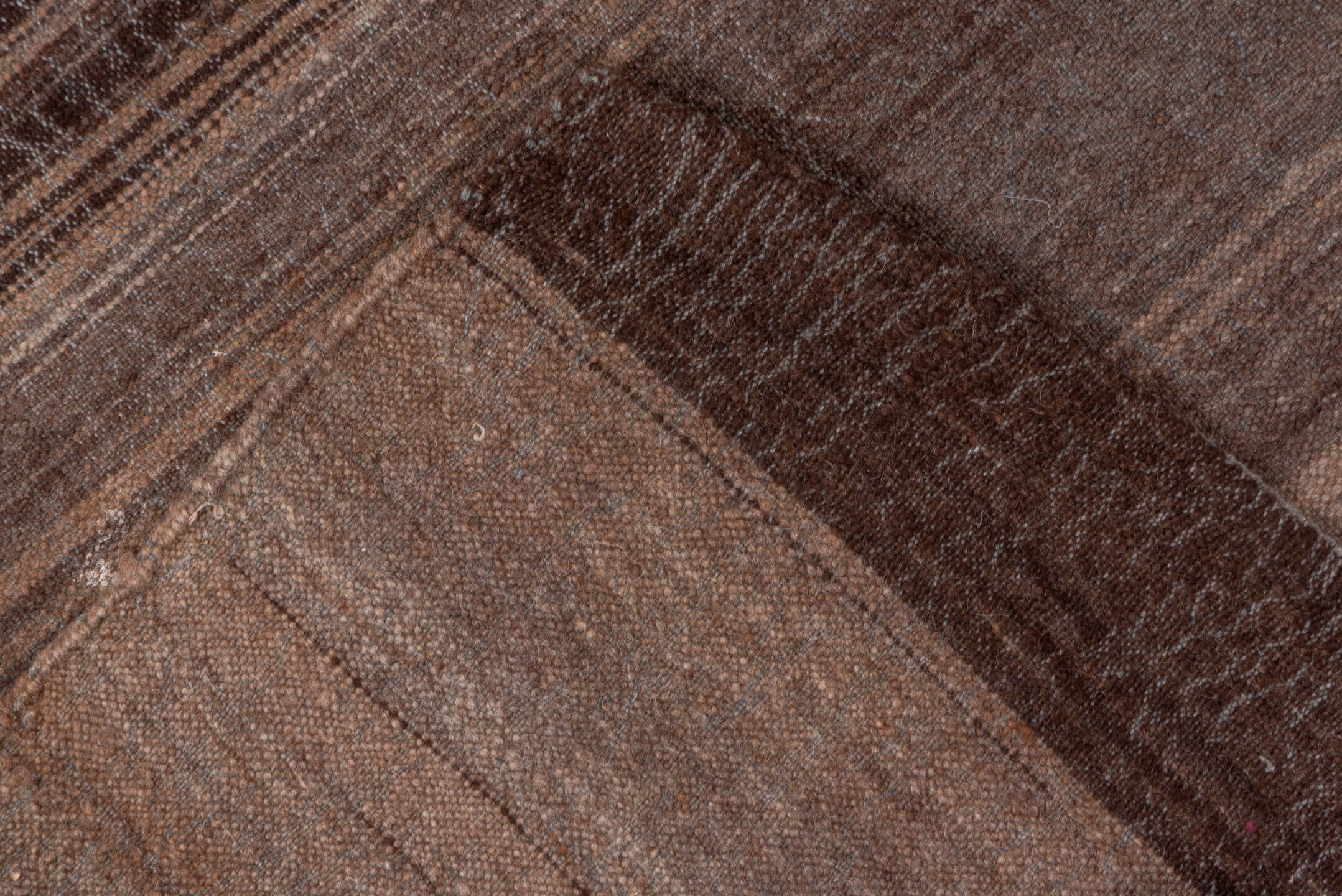 4' x 6' one-of-a-kind handmade vintage Blanket small size rug. Color palette: brown, taupe, charcoal, camel, beige, gray