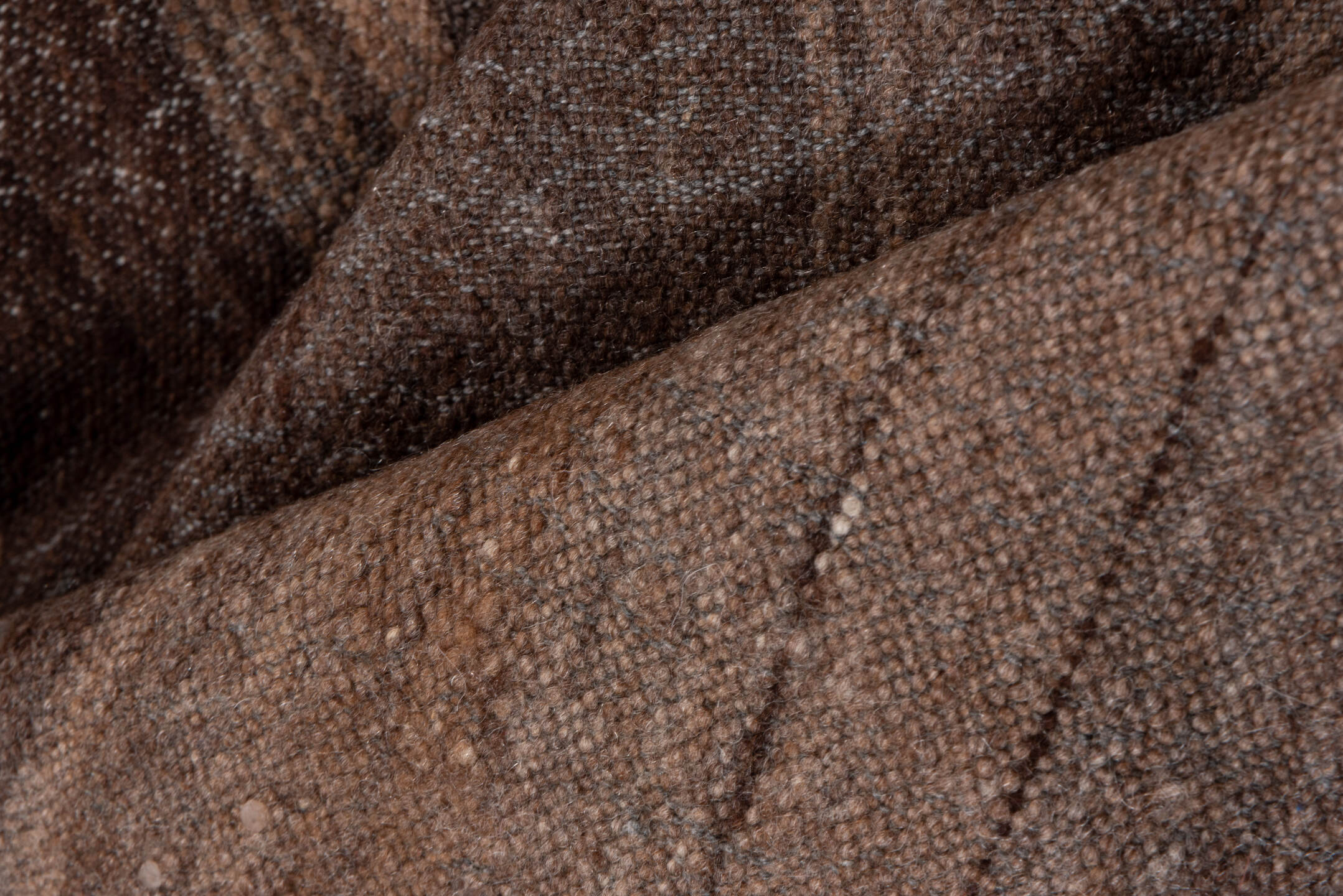 4' x 6' one-of-a-kind handmade vintage Blanket small size rug. Color palette: brown, taupe, charcoal, camel, beige, gray