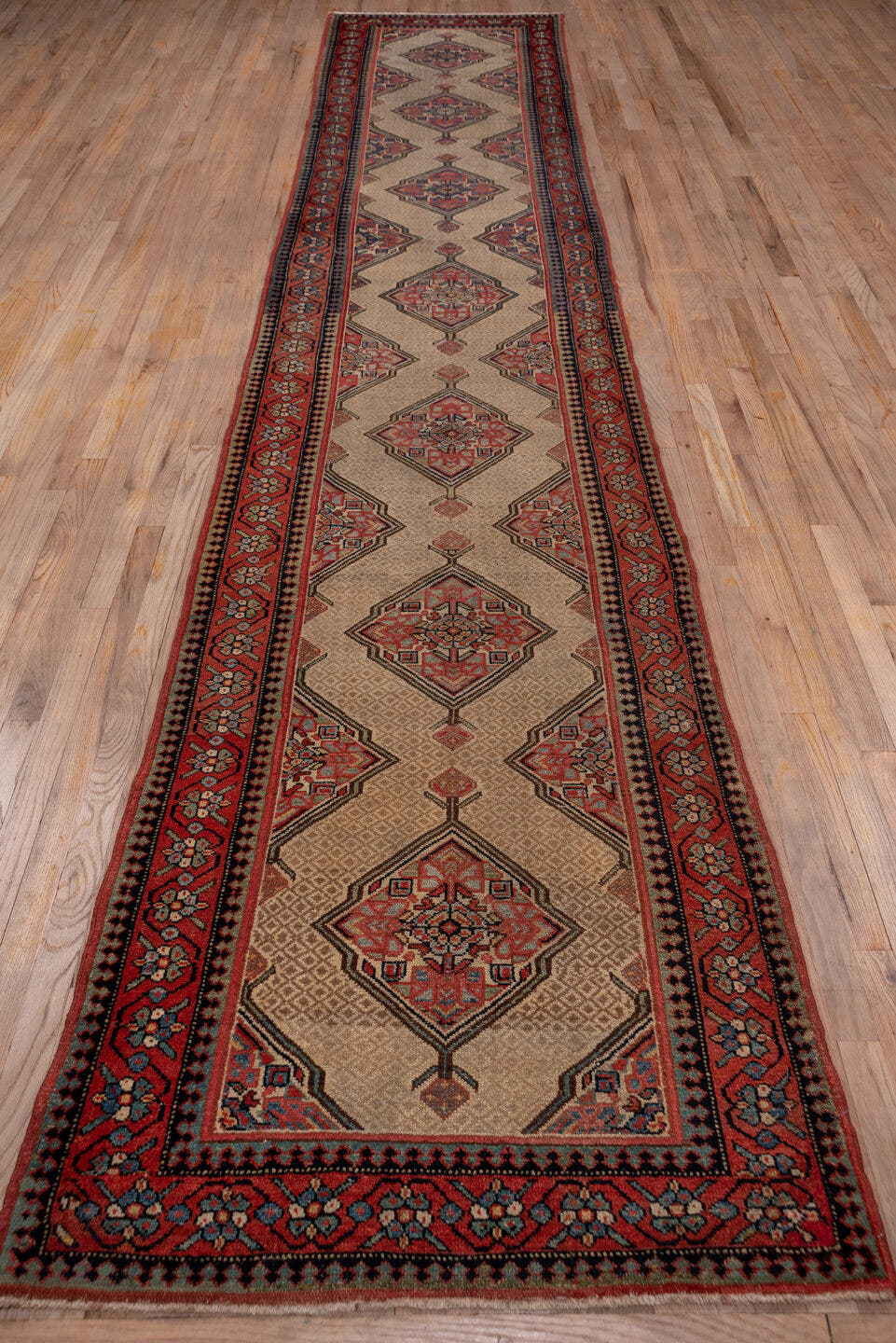3' x 16' one-of-a-kind handmade antique Cam Hamadan runner rug. Color palette: ivory, rust, navy, rose, taupe, charcoal