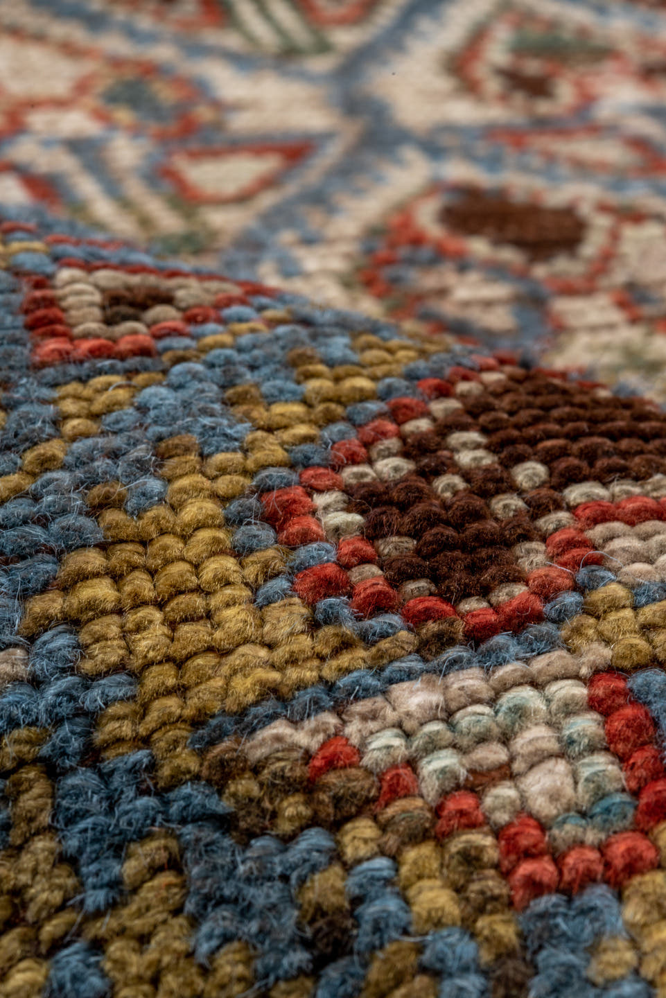 5' x 12' one-of-a-kind handmade antique NW Persian rug. Color palette: camel, ivory, slate, rust, blue, taupe, charcoal