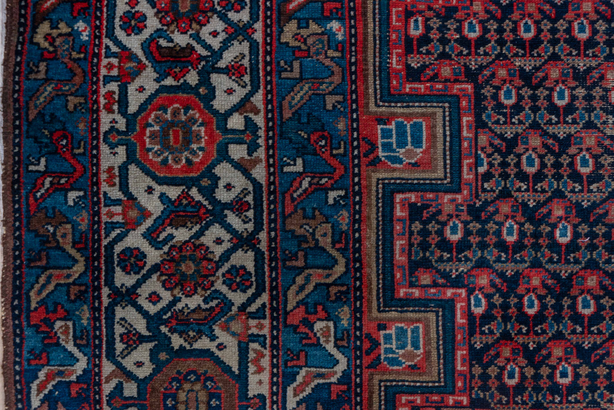 5' x 11' one-of-a-kind handmade vintage Malayer rug. Color palette: indigo, rust, ivory, crimson, navy, rose, camel, purple