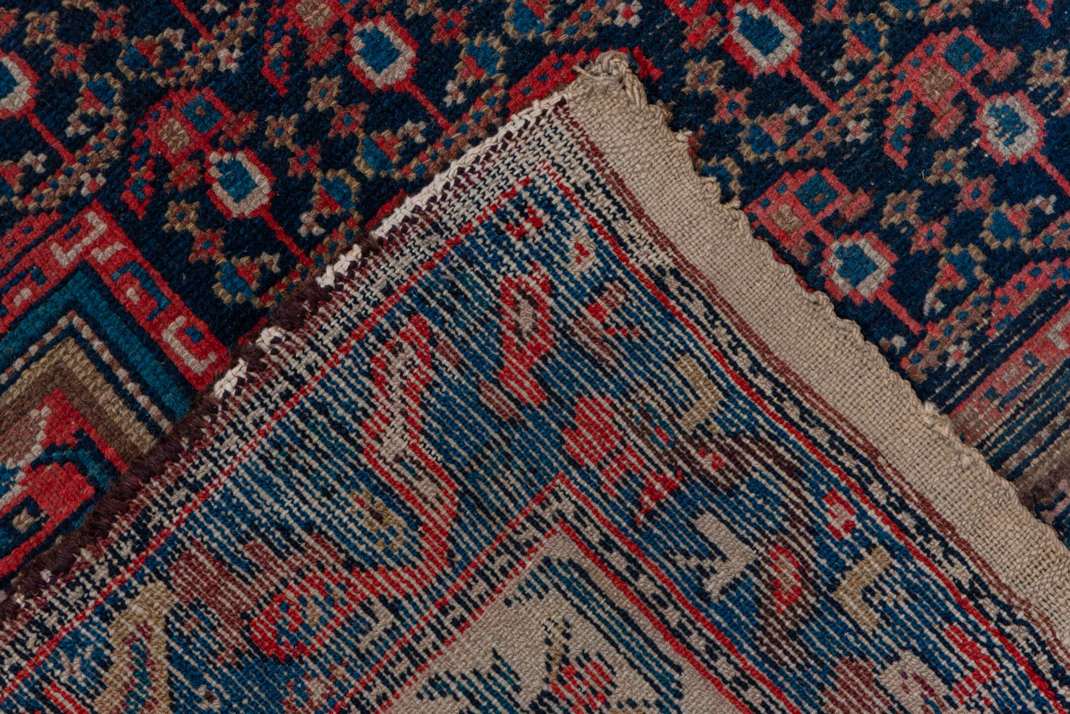 5' x 11' one-of-a-kind handmade vintage Malayer rug. Color palette: indigo, rust, ivory, crimson, navy, rose, camel, purple