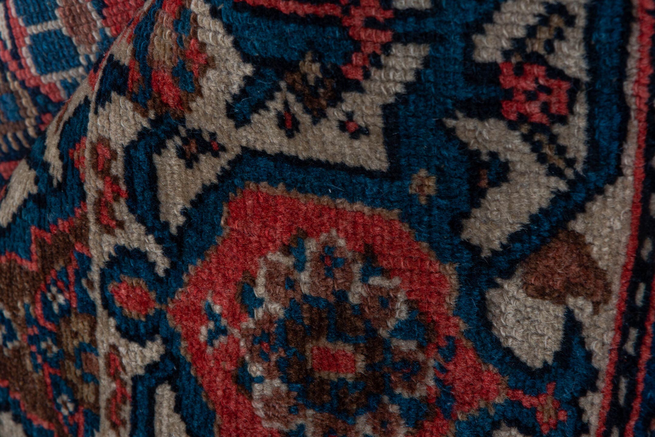 5' x 11' one-of-a-kind handmade vintage Malayer rug. Color palette: indigo, rust, ivory, crimson, navy, rose, camel, purple