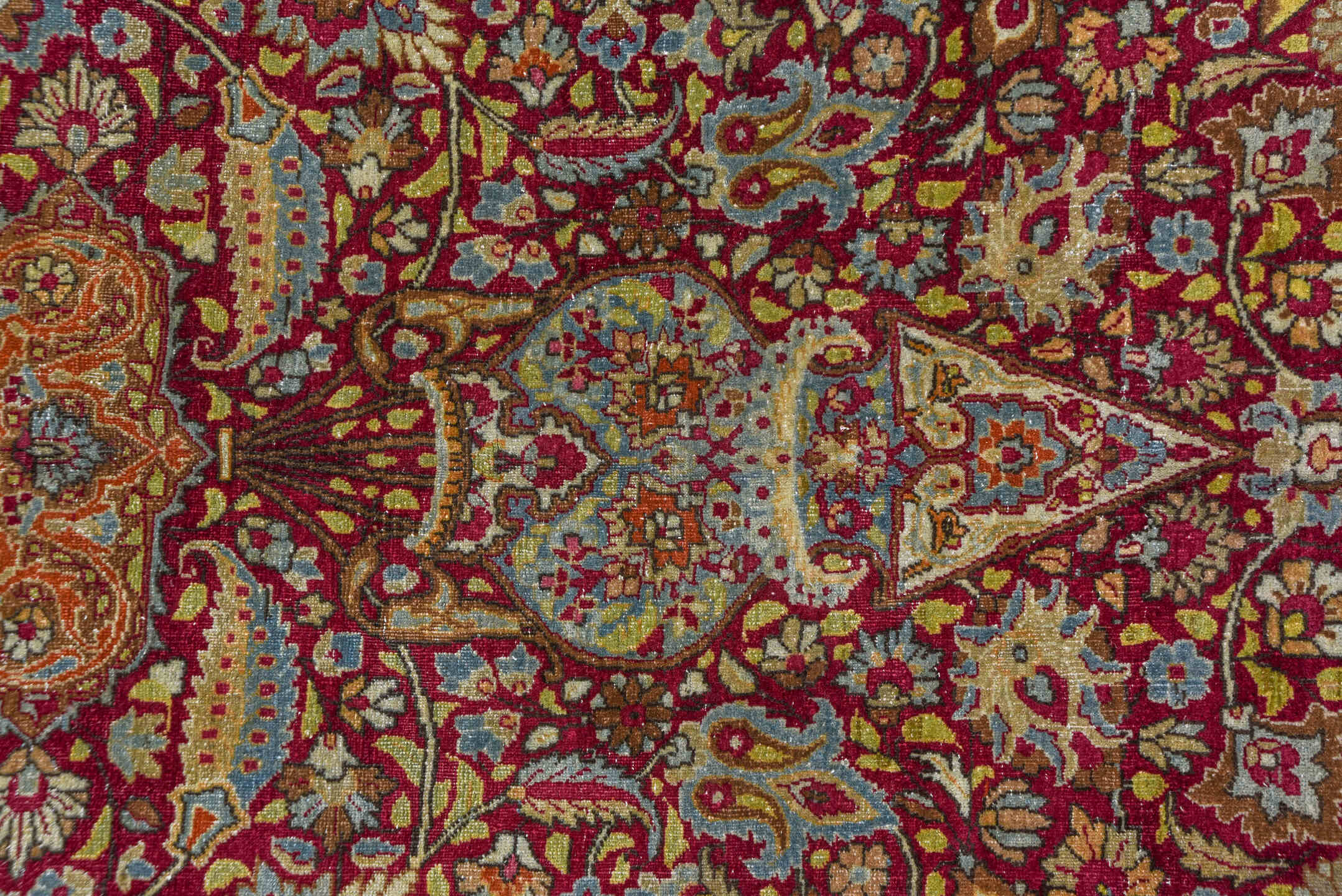 11' x 17' one-of-a-kind handmade antique Kerman oversize rug. Color palette: burgundy, sky blue, ivory, gold, rose, camel