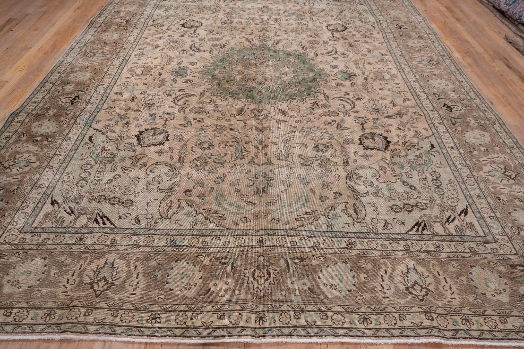 9' x 12' one-of-a-kind handmade antique Tabriz large size rug. Color palette: taupe, ivory, sage, pale blue, brown, beige