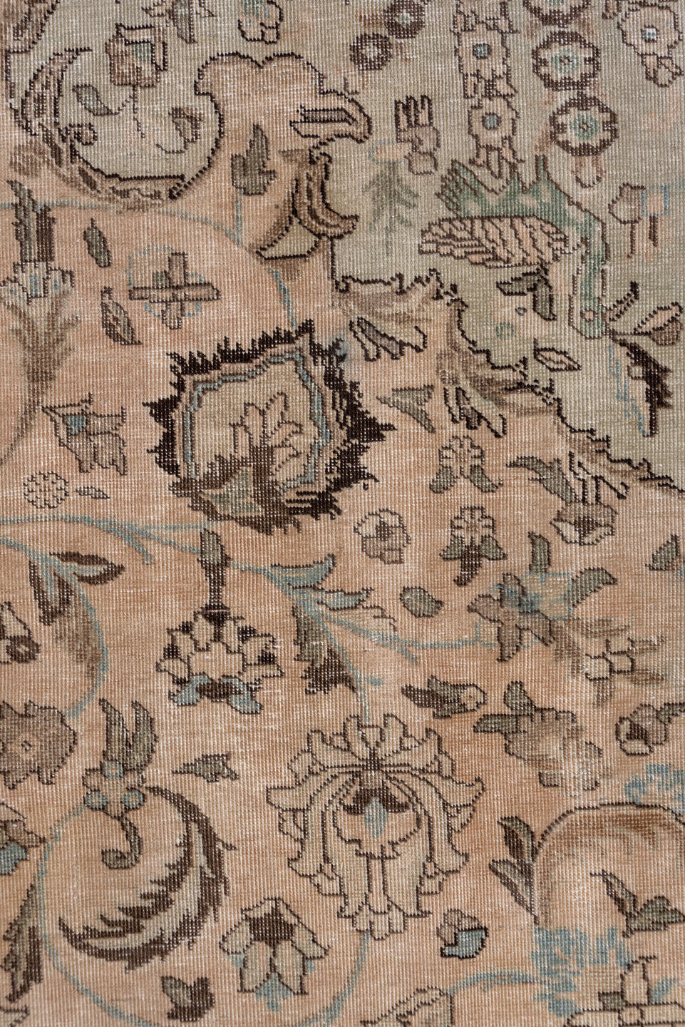 9' x 12' one-of-a-kind handmade antique Tabriz large size rug. Color palette: taupe, ivory, sage, pale blue, brown, beige
