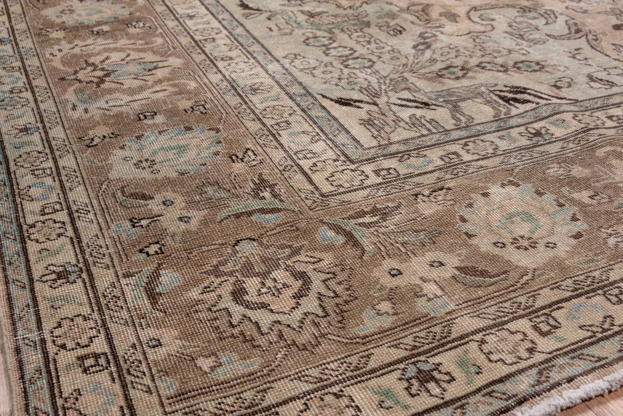 9' x 12' one-of-a-kind handmade antique Tabriz large size rug. Color palette: taupe, ivory, sage, pale blue, brown, beige