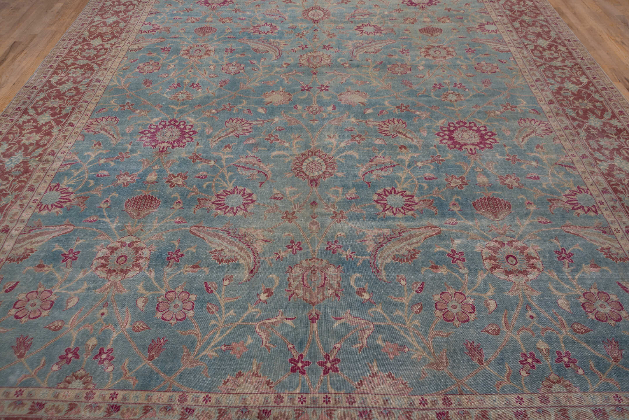 11' x 17' one-of-a-kind handmade antique Sivas oversize rug. Color palette: dusty blue, rose, ivory, blush, taupe, sage