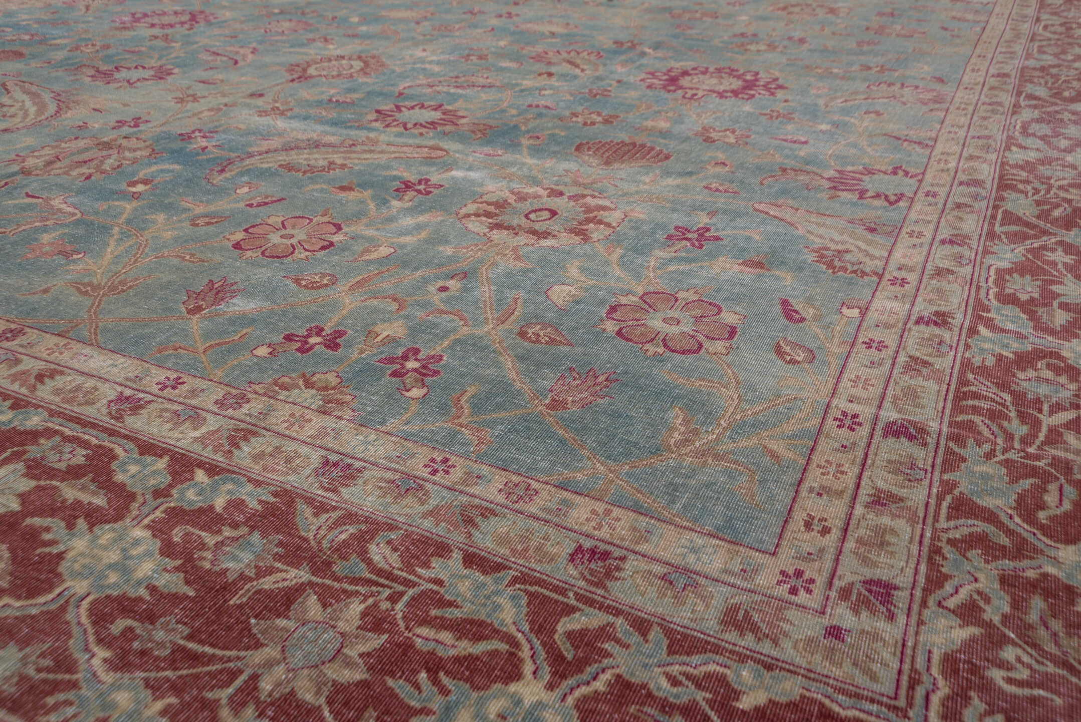 11' x 17' one-of-a-kind handmade antique Sivas oversize rug. Color palette: dusty blue, rose, ivory, blush, taupe, sage