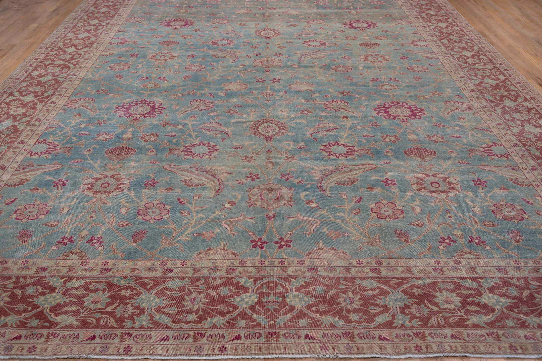 11' x 17' one-of-a-kind handmade antique Sivas oversize rug. Color palette: dusty blue, rose, ivory, blush, taupe, sage