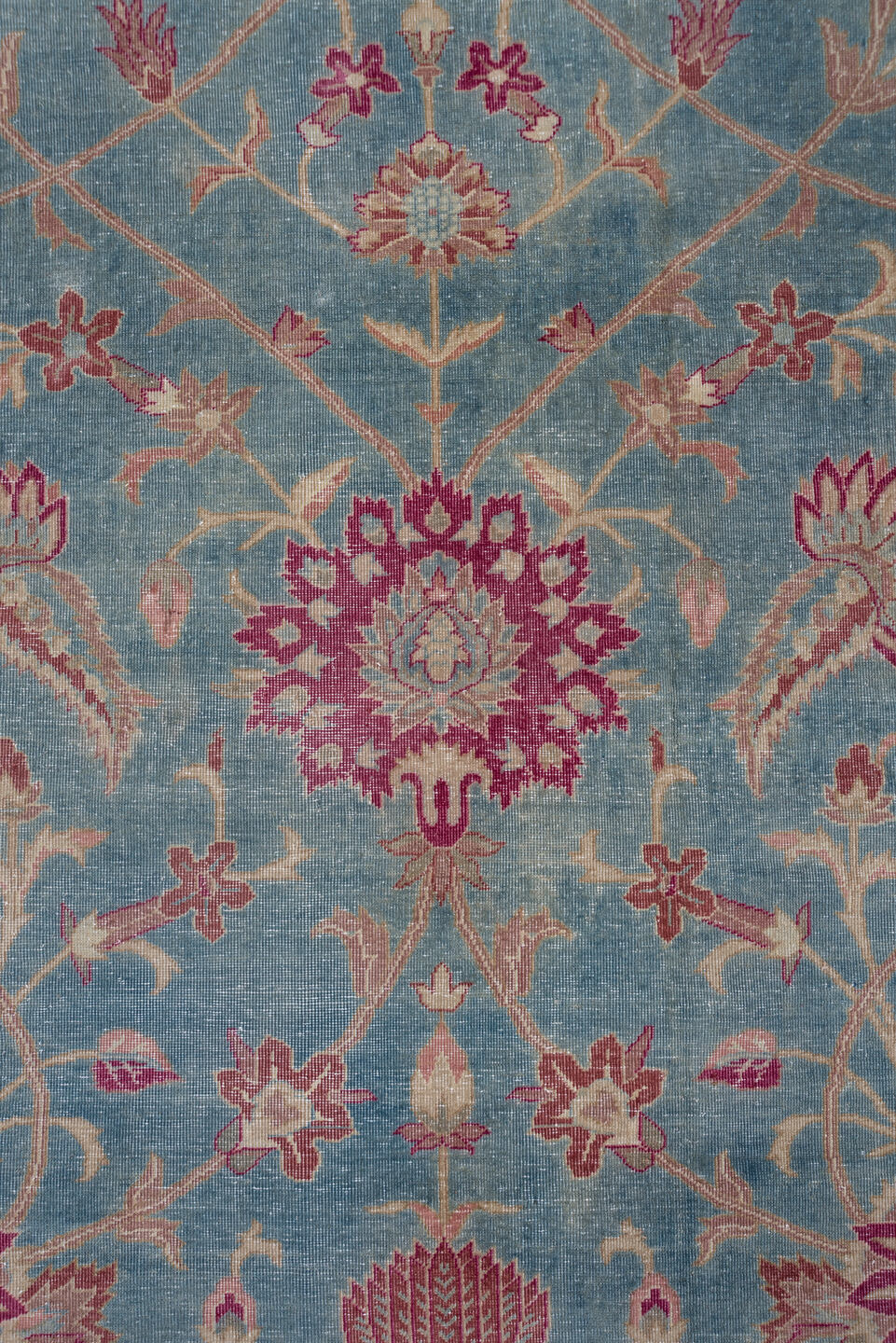 11' x 17' one-of-a-kind handmade antique Sivas oversize rug. Color palette: dusty blue, rose, ivory, blush, taupe, sage